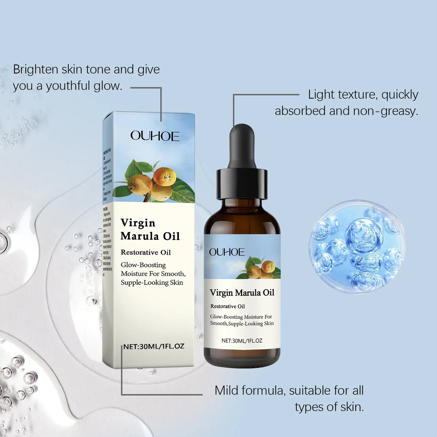 Ouhoe 30ml Virgin Marula Face Care Oil Facial Moisturizing Tightening Shrink Pores Improve Dryness Massage Firming Essence Oil