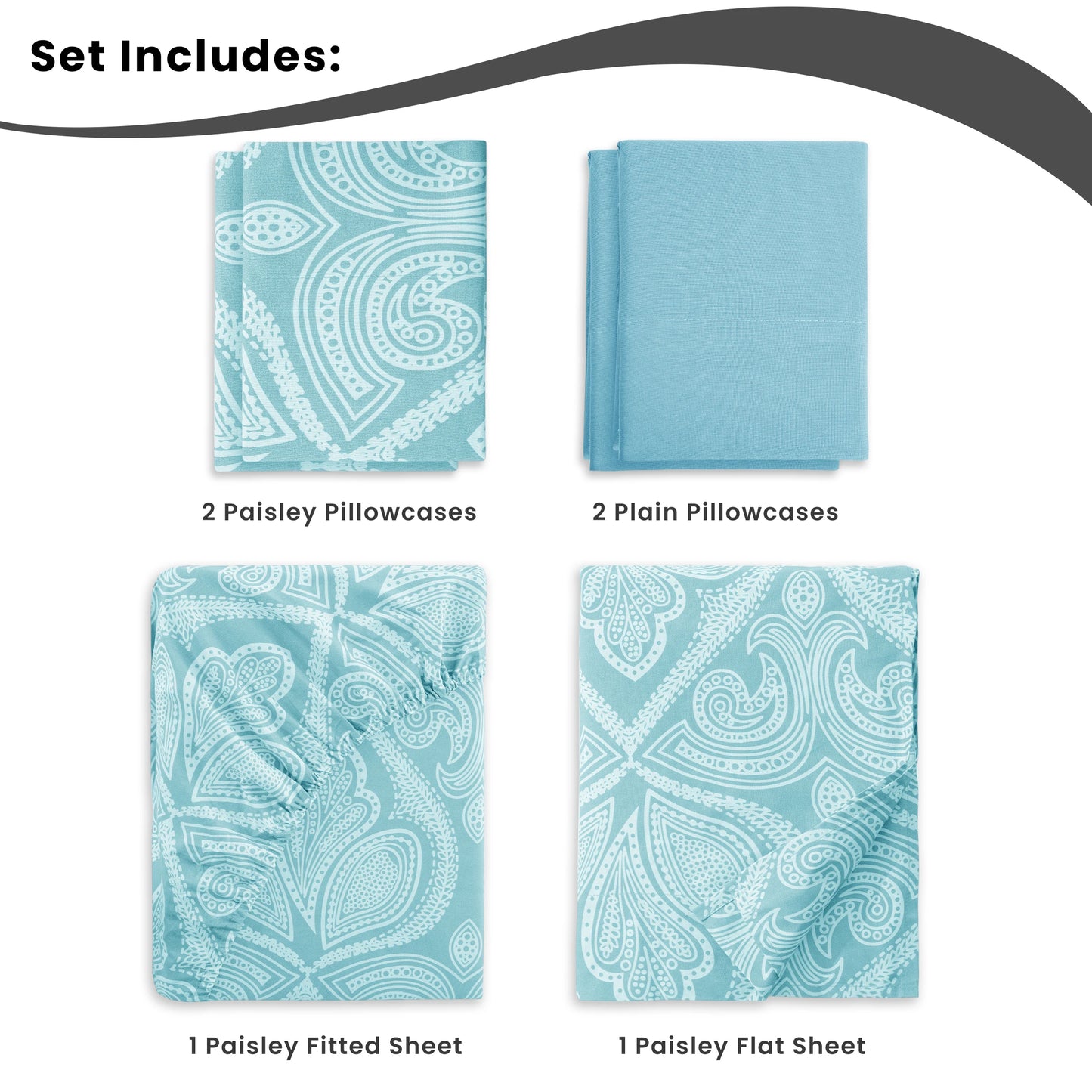LUX Décor Paisley Sheet Set – 6 Piece Ultra-Soft Microfiber Bed Sheets with Flat Sheet, 16 Inches Deep Pocket Fitted Sheet