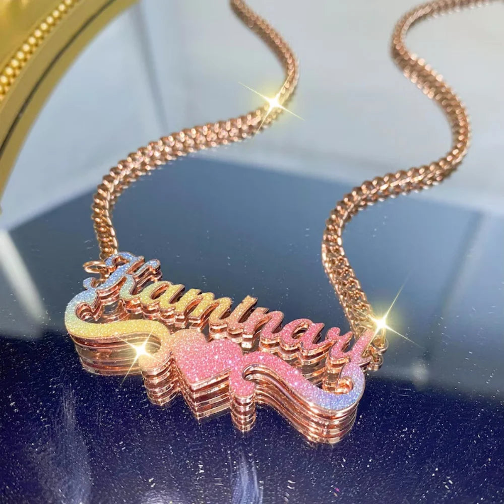 LeeChee Colorful Sticker Custom Double Layer Name Pendant Necklace Rainbow Sticker Necklace Jewelry Gift For Women