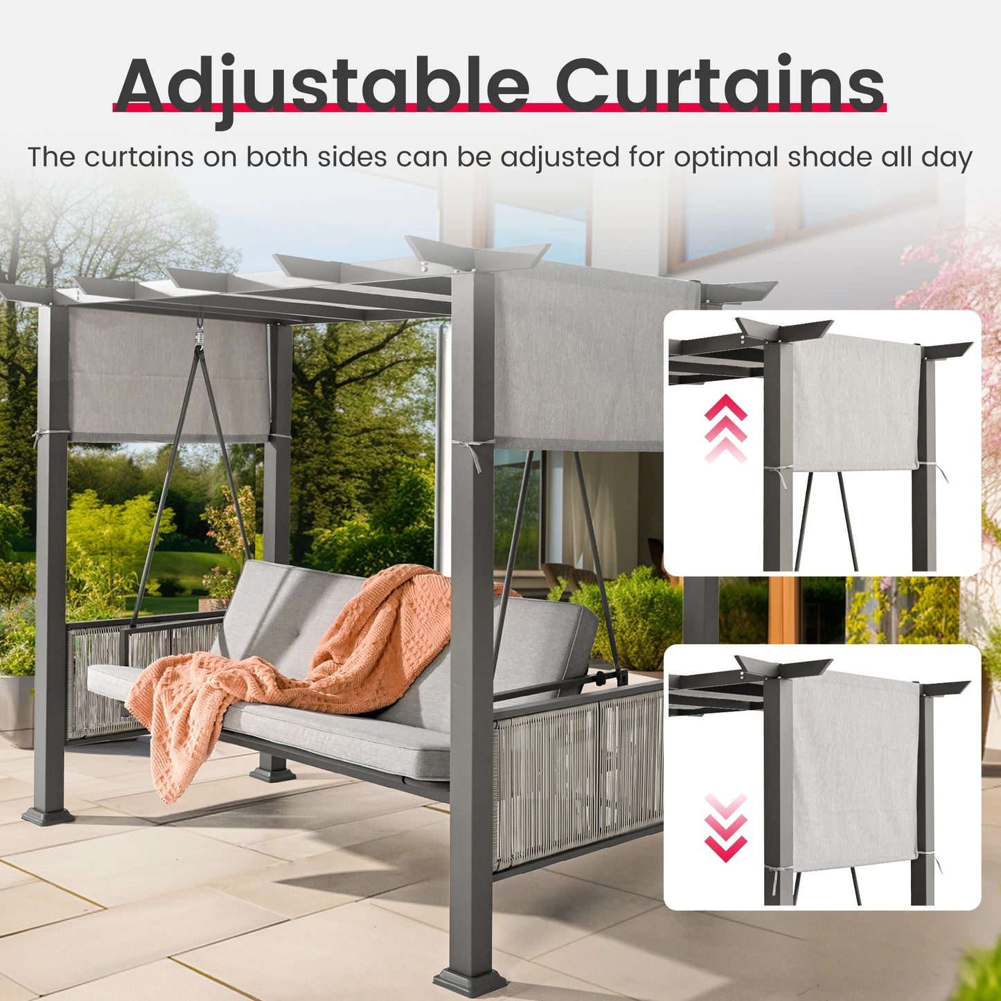 3-Seat Patio Swing Chair,Outdoor Patio Swing Bed with Adjustable Curtains,Porch Swing Bed for Balconies, Gardens and Poolside,Gr