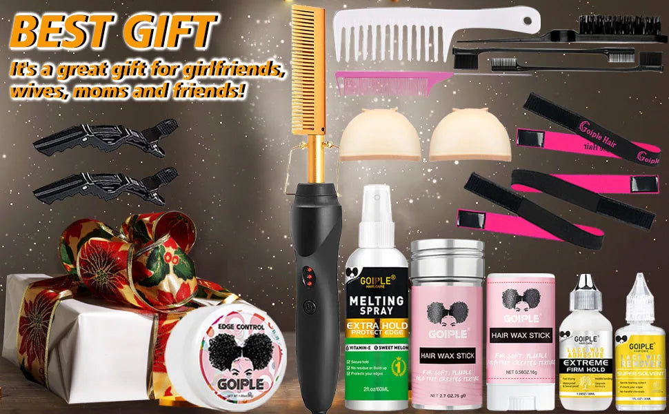 Goiple Electric Hot Comb Hair Straightenerm Curling Iron for Natural Black Hair Wigs Pressing Combs with Wig Glue Hair Wax Stick