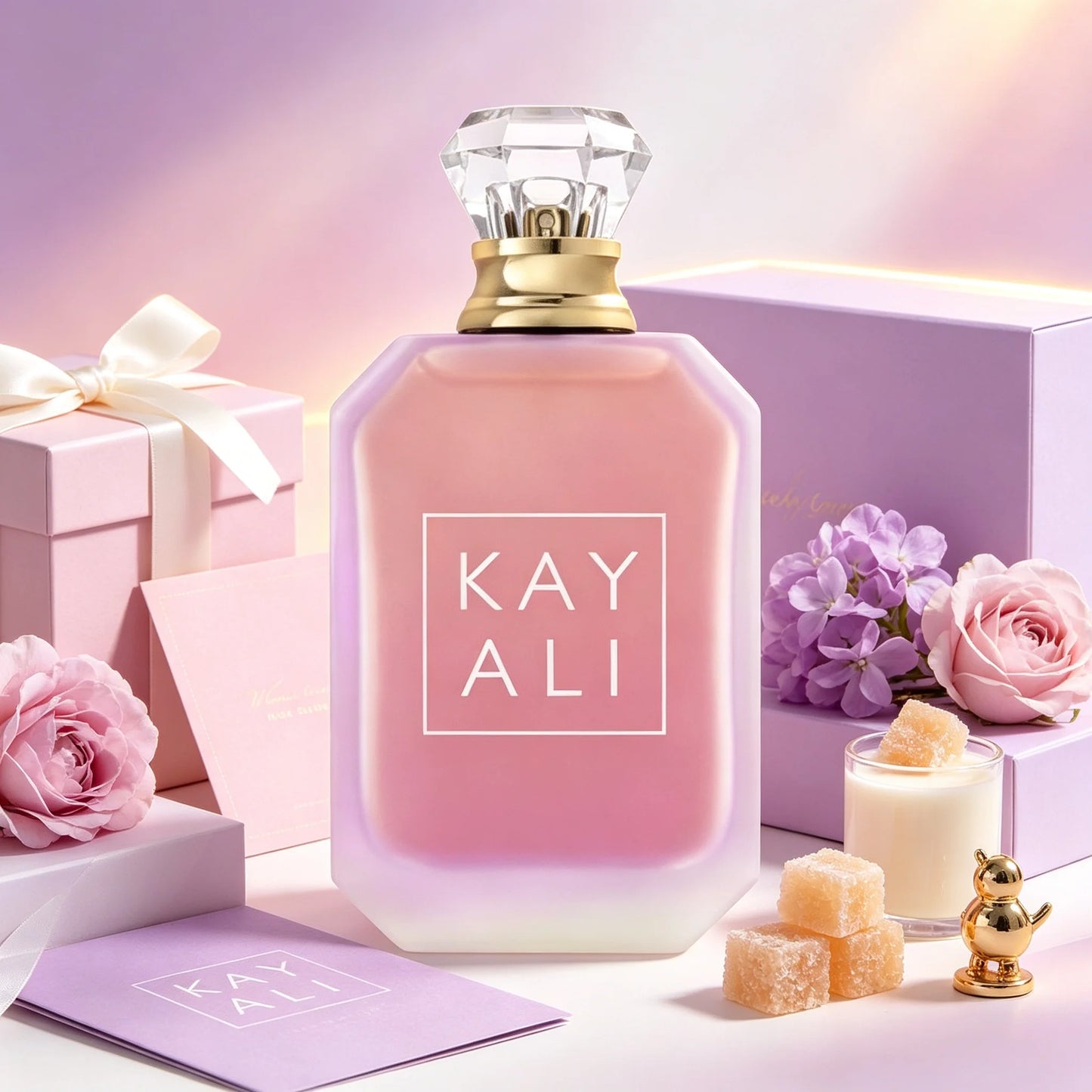 Kay Ali Pink Rose Sugar Perfume Gender Neutral Complete Lavender Pink Gift Box Matte Gradient Pink Multi-Faceted Octagonal Vessel Shiny Diamond Crystal Top Lush Soft Creamy Rose Vanilla Candy Fragrance Blogger Aesthetic Trave