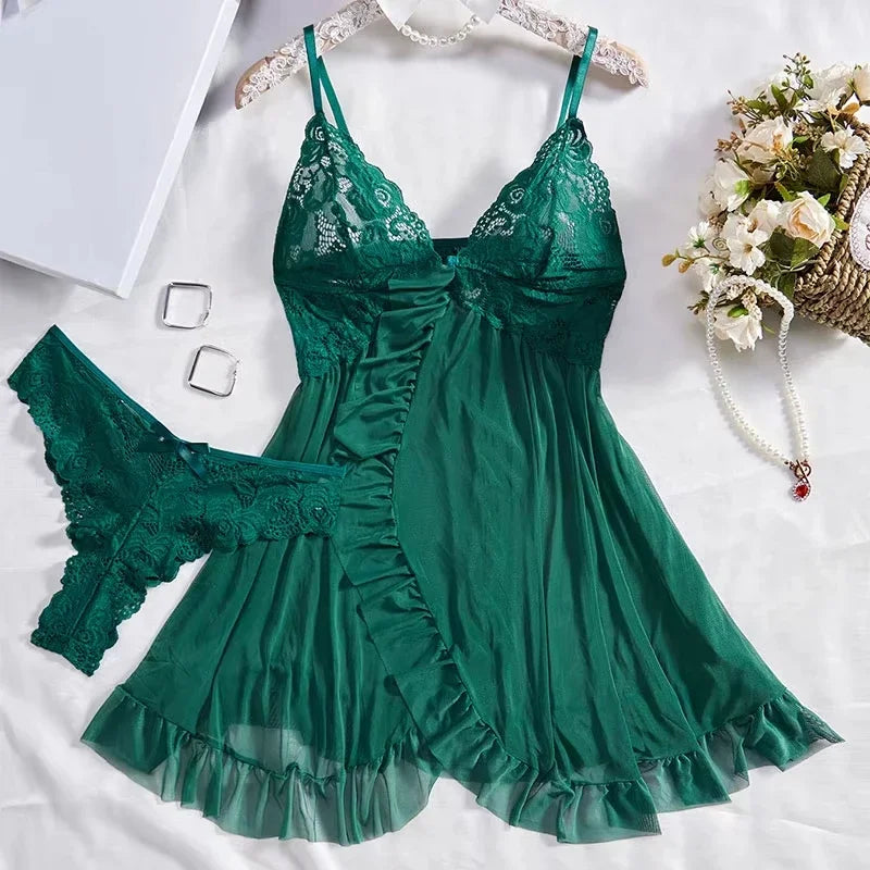 A Set of Tulle Super Sexy Nightgown V-neck Bra Open Nightdress Dress Dress Woman Transparent Pajamas Underwear Luxury Suit