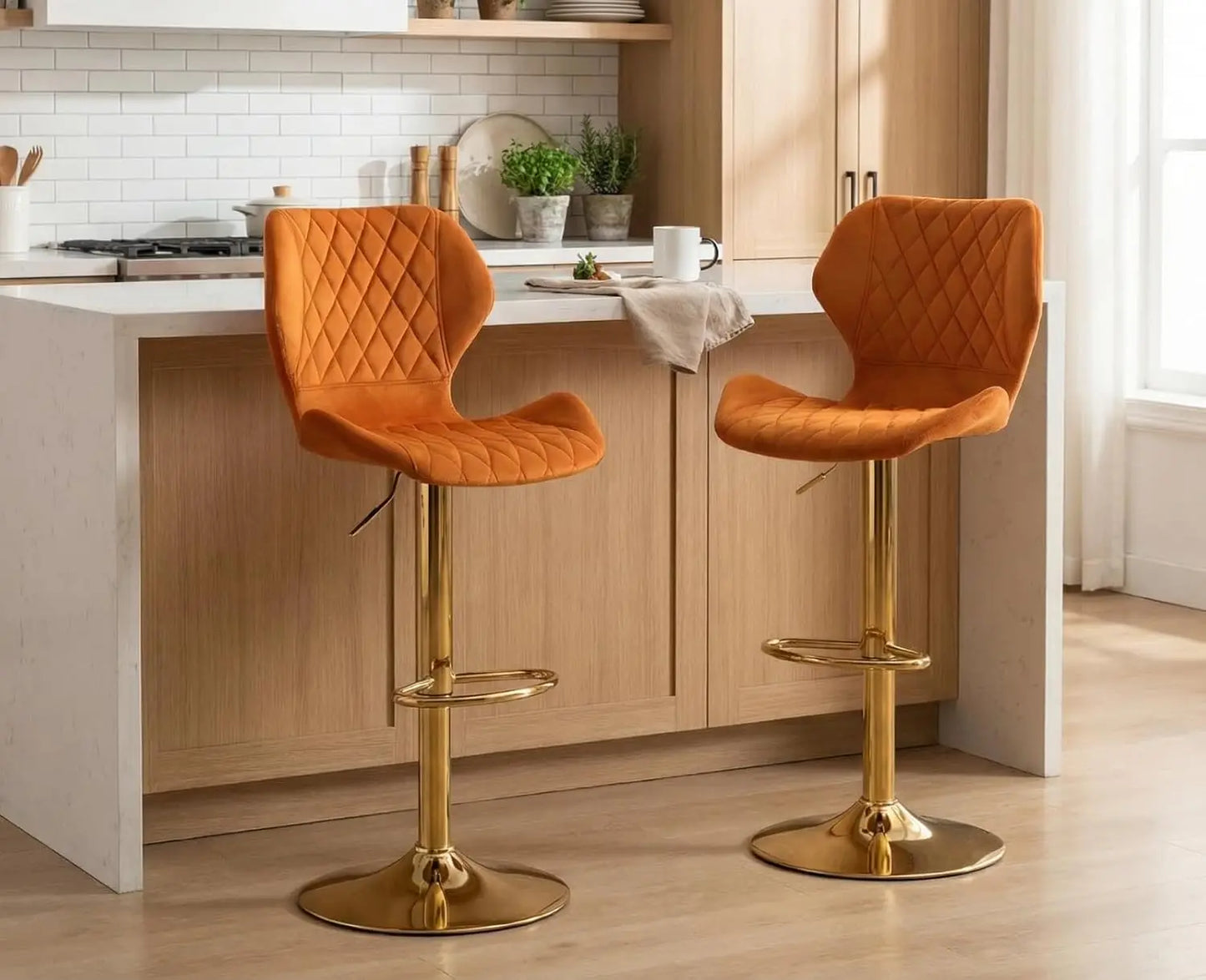 Swivel Adjustable Bar Stools Set of 2 Modern Gold Counter Height Bar Chairs for Kitchen Island Velvet Tall Barstools with Bac