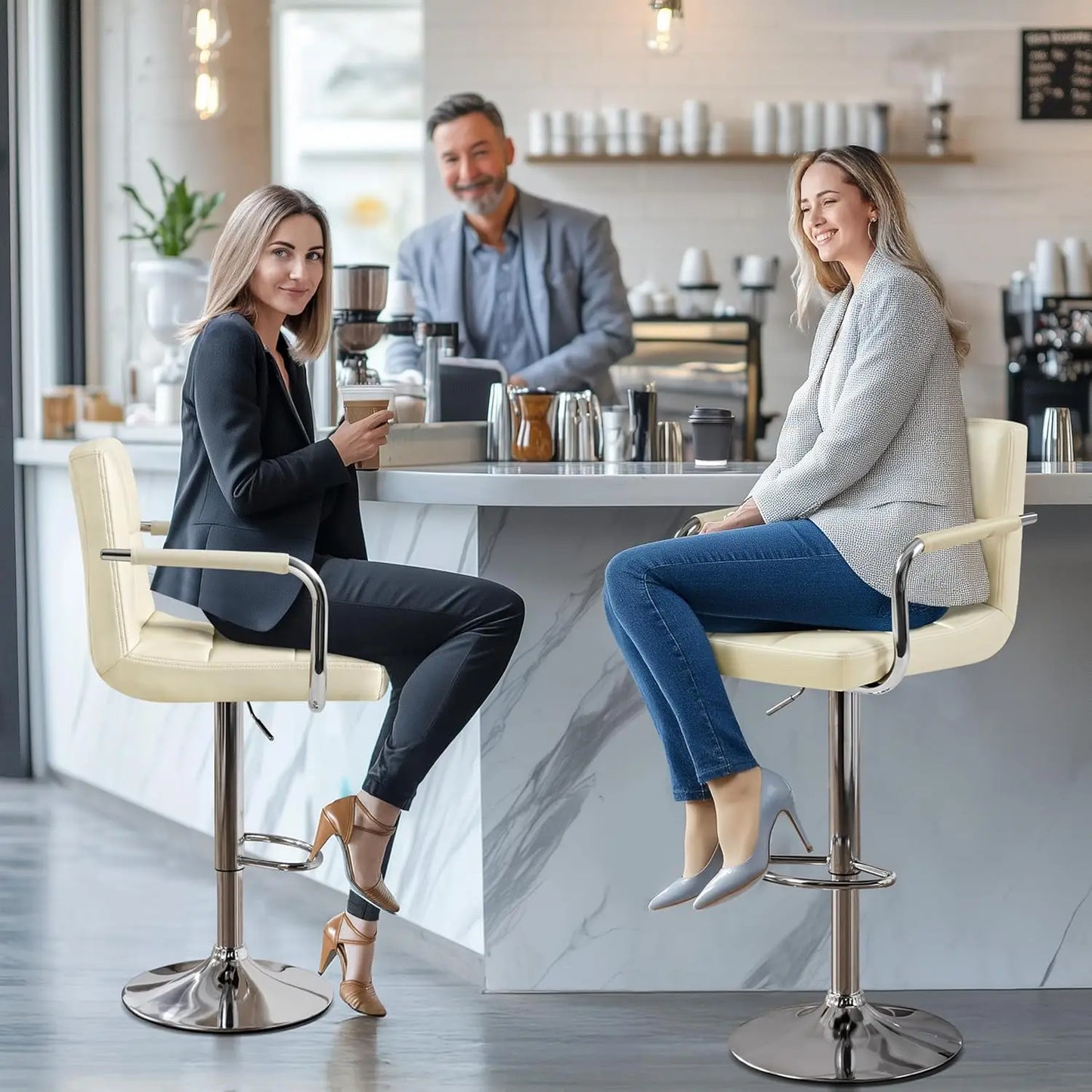 Bar Stools Set of 2, PU Leather Adjustable Swivel Barstools, Hydraulic Kitchen Counter Height Bar Chairs with Armrest and Bac