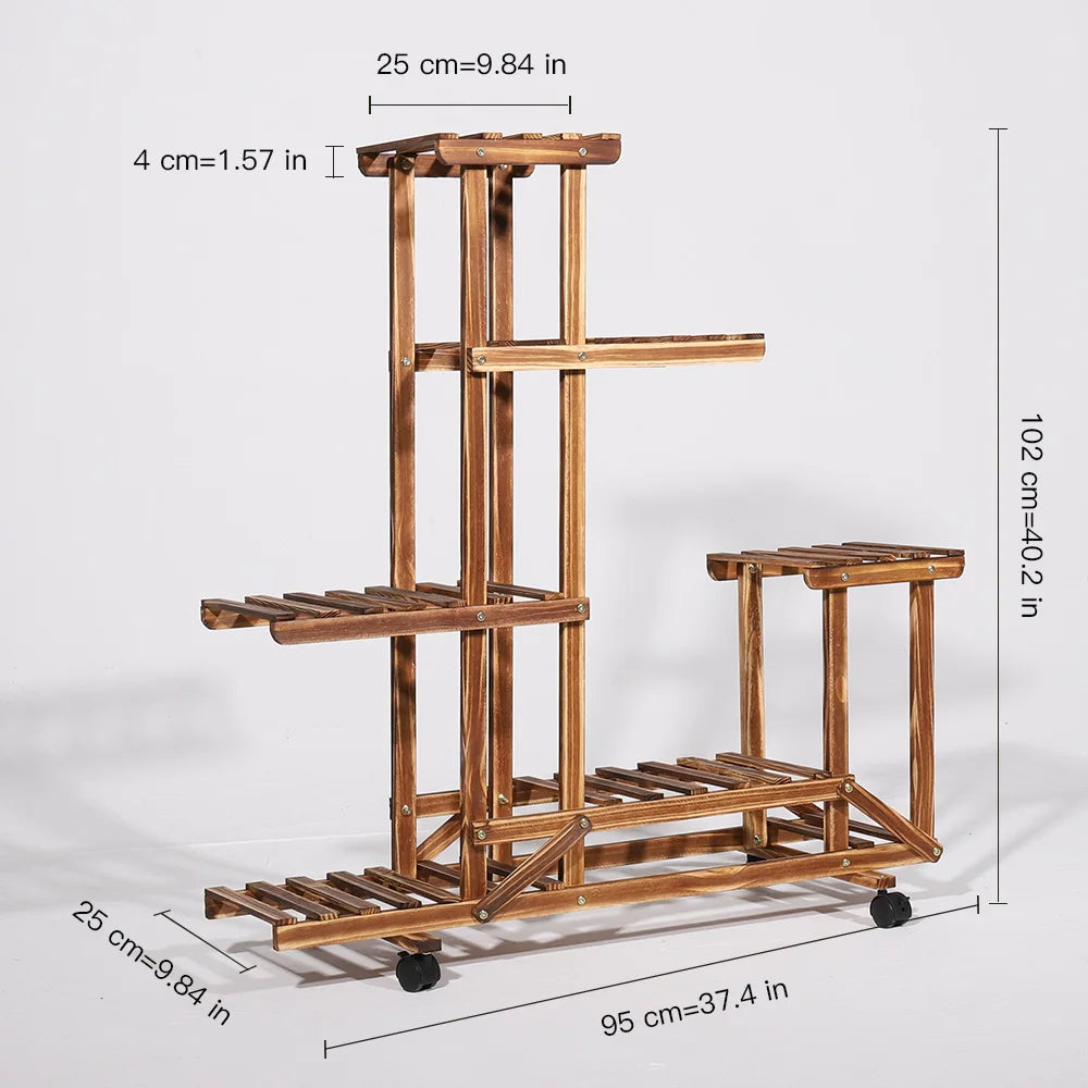 Multi-Layer Wood Plant Stand Rack Outdoor Indoor Rolling Flower Pot Holder with Wheels