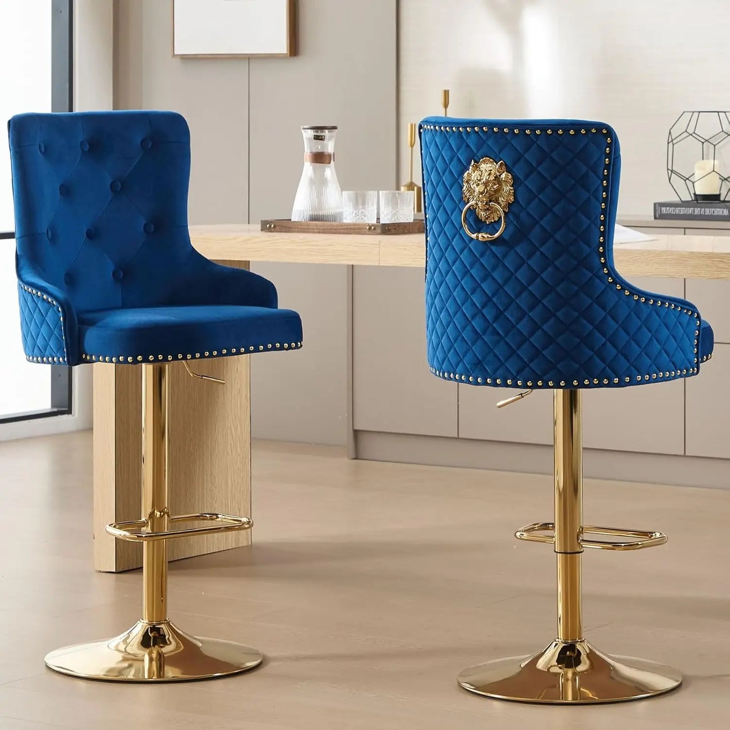 Gold Bar Stools Set of 4, Height Adjustable Velvet Island Chairs Upholstered Bar Height Chairs for Kitchen Counter, Cream