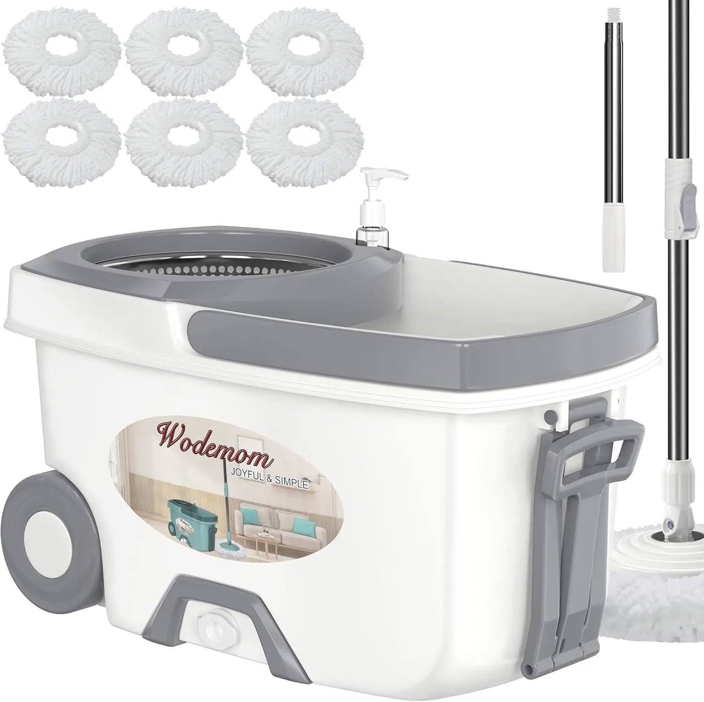 Spin Mop and Bucket Set with Wringer, 6 Refills, 61" Handle for Easy Floor Cleaning - White