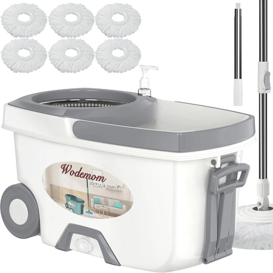 Spin Mop and Bucket Set with Wringer, 6 Refills, 61" Handle for Easy Floor Cleaning - White