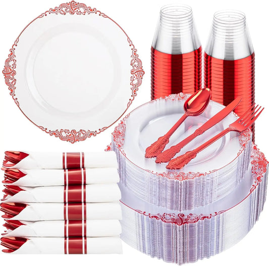 350pcs Clear and Red Plates - Red Party Plates for 50 Guest, Include 100 Heavy-duty Plates(20% Thicker Than Standard), 50 Pre Ro