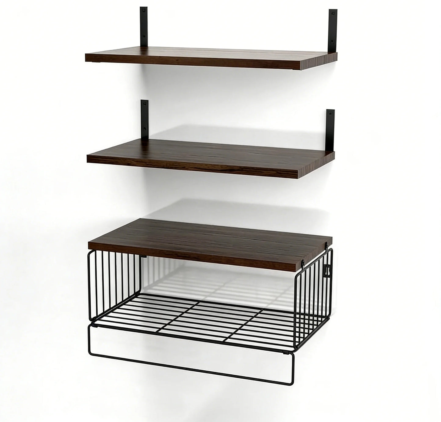 Wall Mounted 3+1 Tier Floating Shelves 16" Width Bathroom Floating Shelf Rustic Wood Shelf Over Toilet with Wire Storage Basket