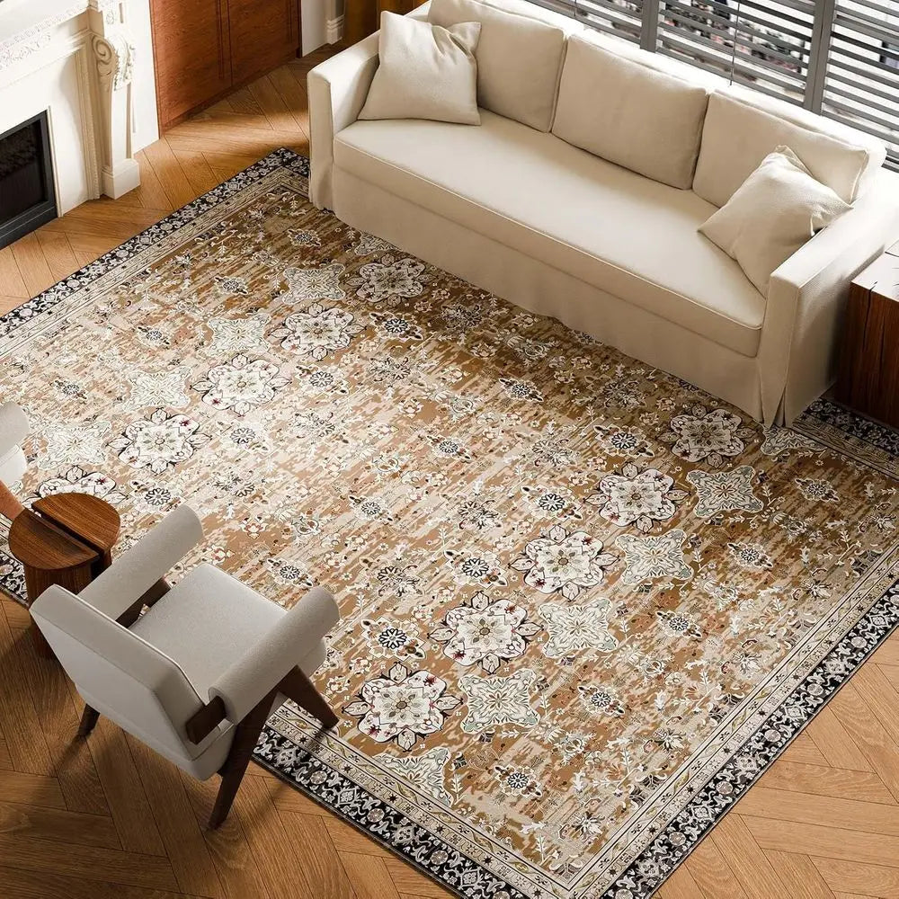 Large 9x12 ft Washable Non-Slip Area Rug - Soft, Pet & Child Safe Vintage Carpet for Home Office, Brown/Green