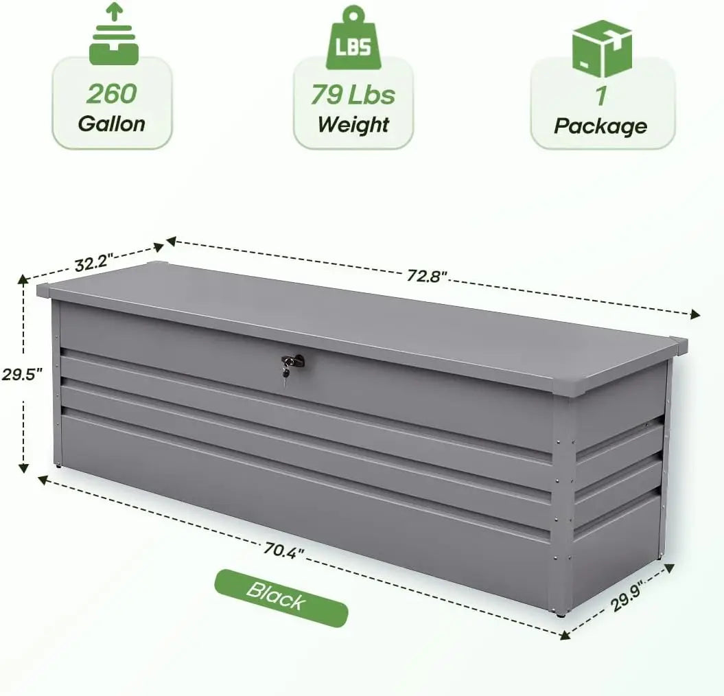 260Gal Waterproof Outdoor Storage Box, Large Metal Deck Box for Patio Cushions, Garden Tools, Pool Supplies, Gray