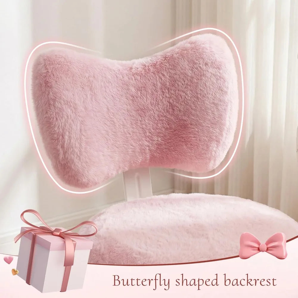 Pink Vanity Chair with Wheels, Cute Bow Backrest, Fluffy Faux Fur, Height Adjustable for Makeup Room, Bedroom, Office