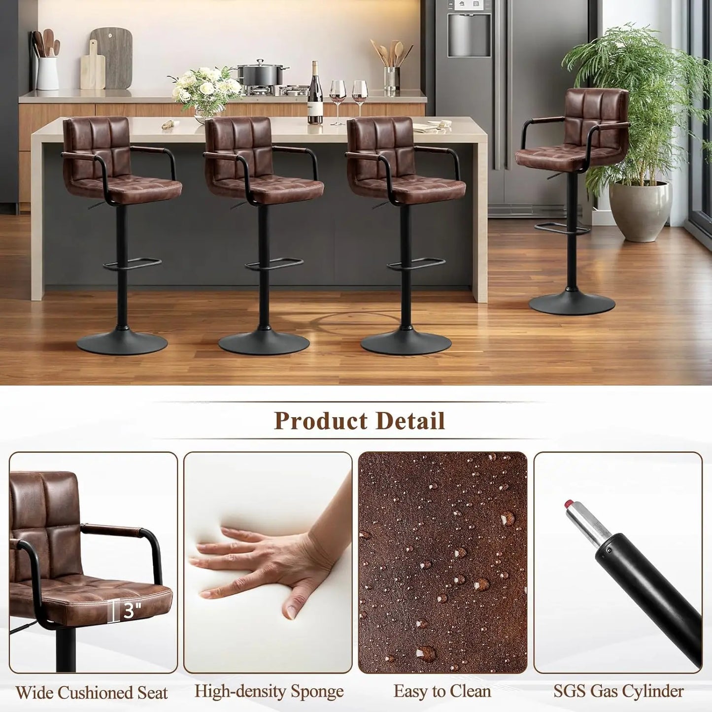 Swivel Bar Stools Set of 4, Adjustable Kitchen Counter Height BarStools with Arms, PU Leather Upholstered Bar Chair, Customized