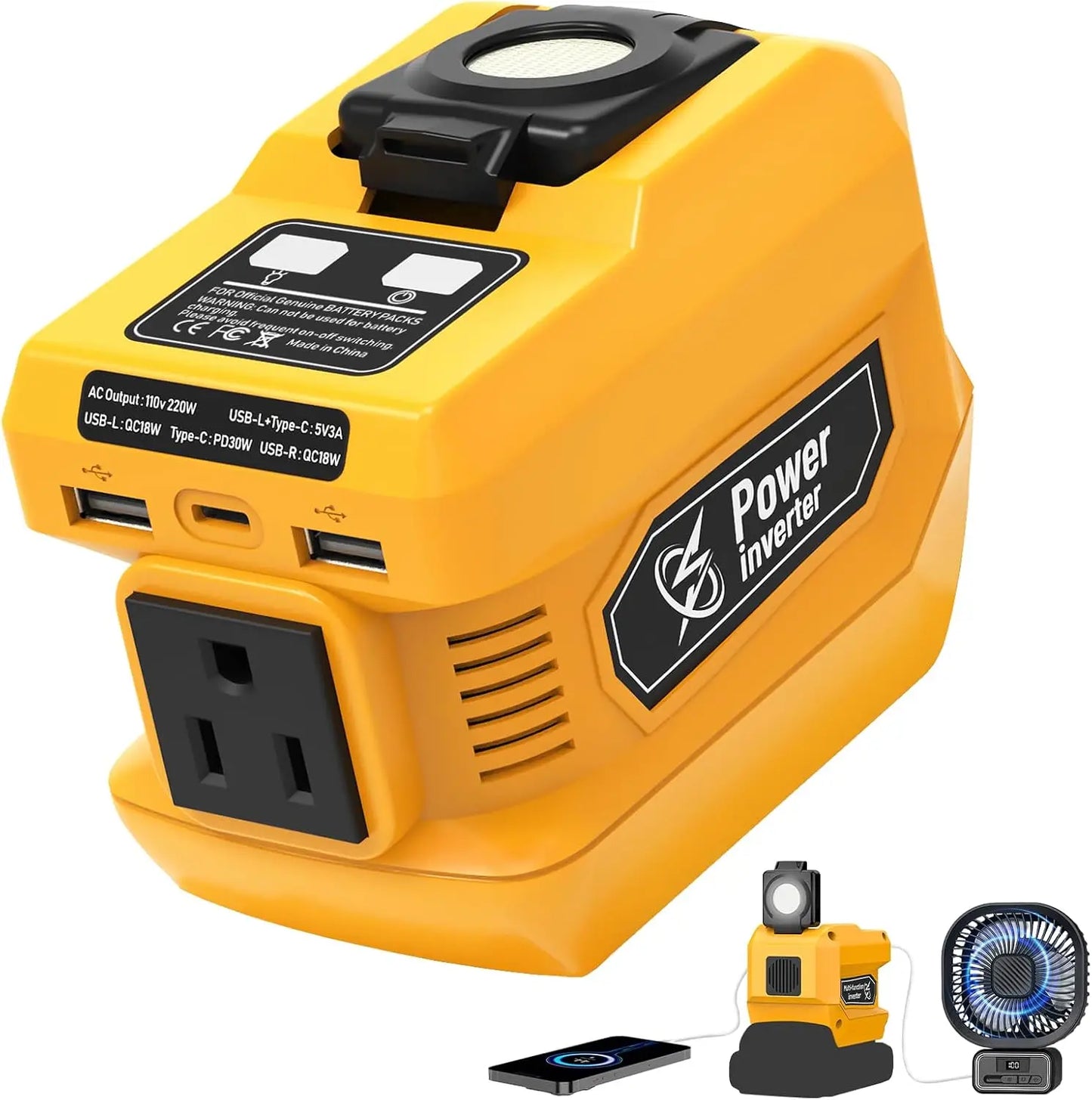 Kzreect 220W Power Inverter Compatible with Dewalt 20V Battery, 20V to AC 110V, 4 Output & 300LM LED, Inverter for Camping