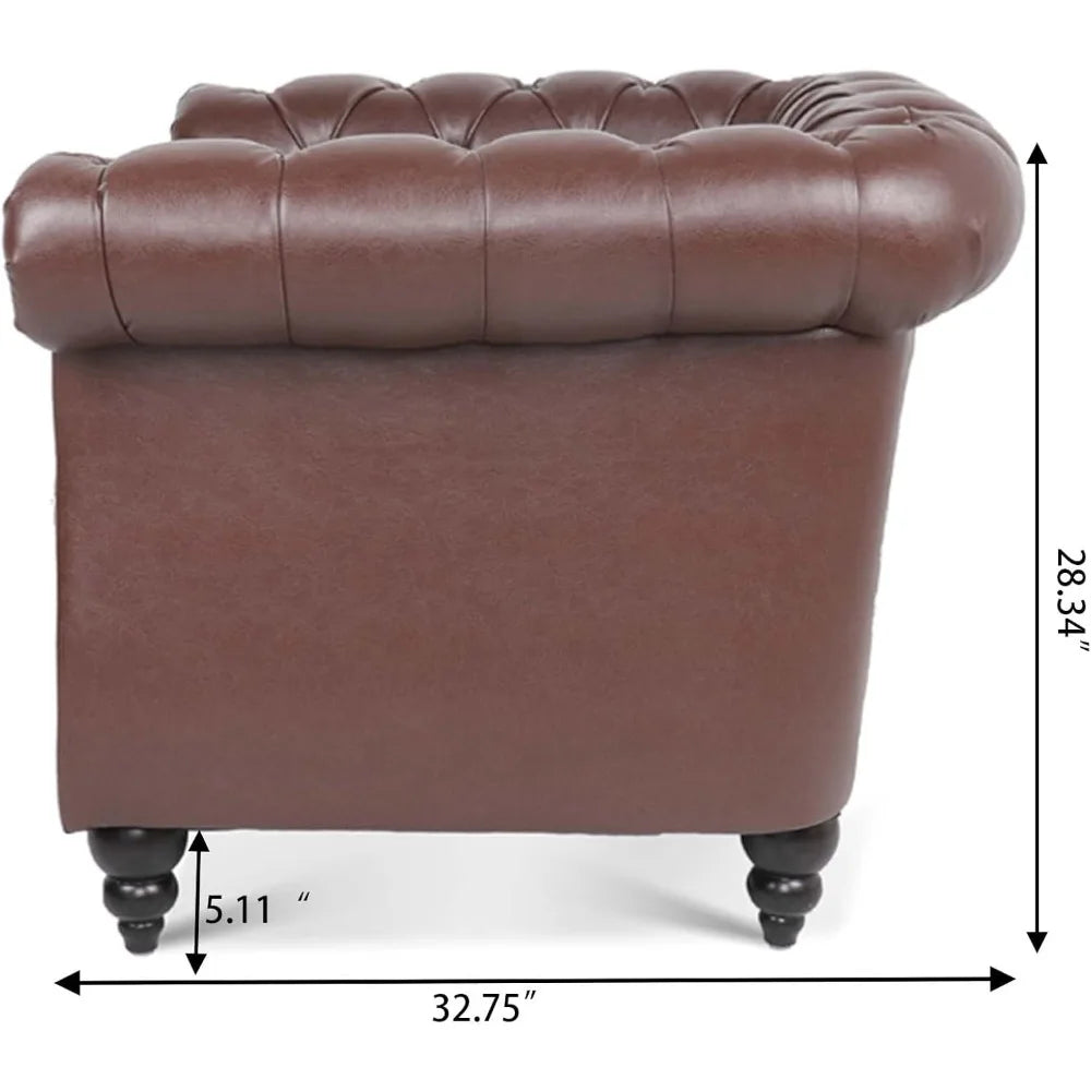 Leather Chesterfield Chair, Mid-Century Modern Single Sofa Chair, Tufted Upholstered Rolled Armchair for Home Bedroom Reading R