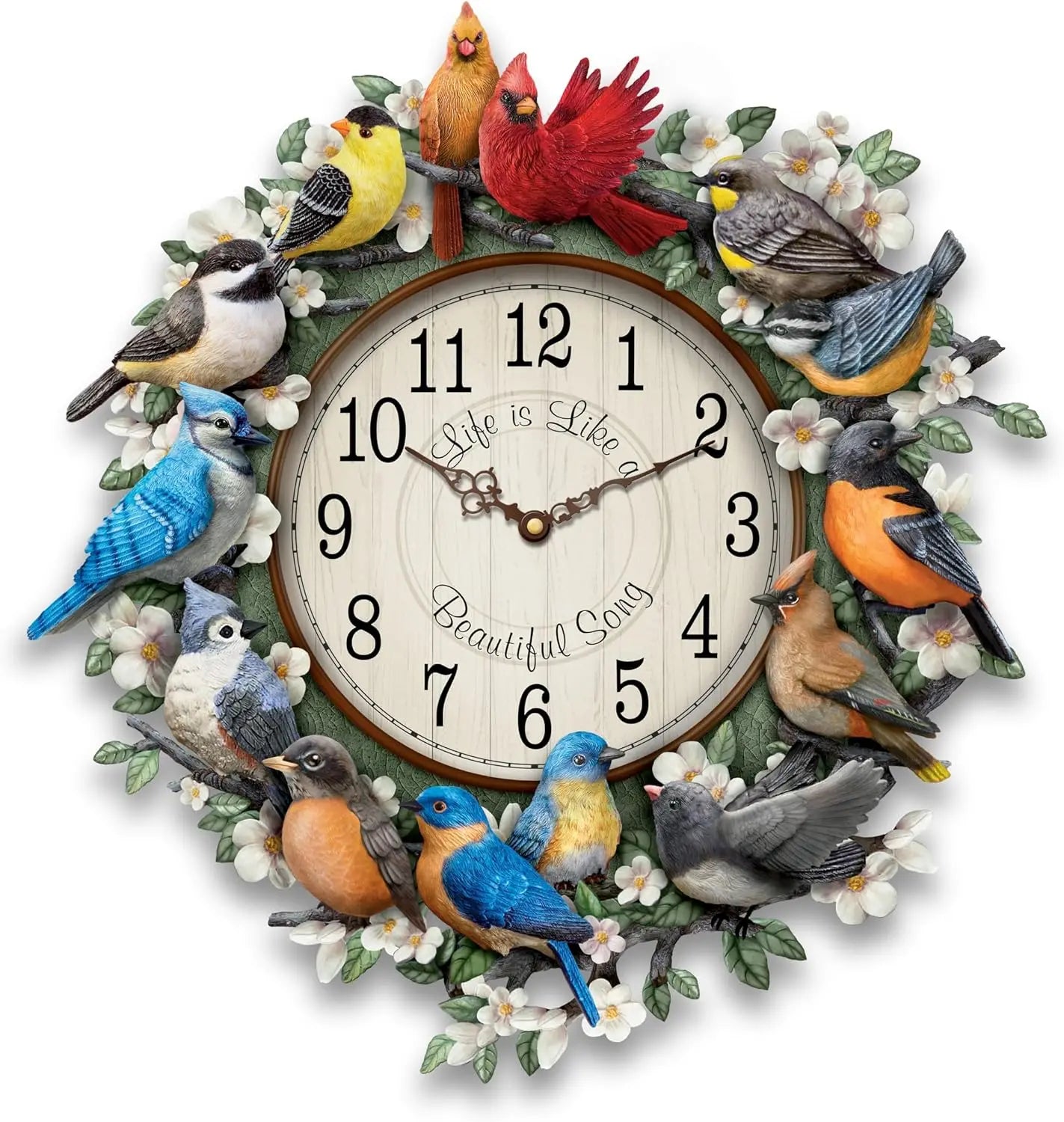 Songbird Melodies Sculptural Wall Clock Featuring 12 Hand-Painted Bird Species That Mark The Hours On A Wooden-Framed Face with