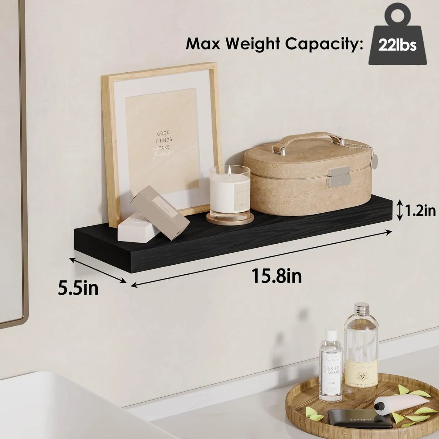 4 PACK Floating Shelves Black Wall Mounted Display Shelves for Living Room Bedroom Home Decor Minimalist Space Saving Storage