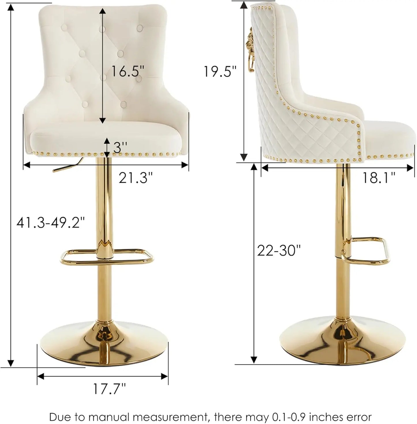 Gold Bar Stools Set of 4, Height Adjustable Velvet Island Chairs Upholstered Bar Height Chairs for Kitchen Counter, Cream