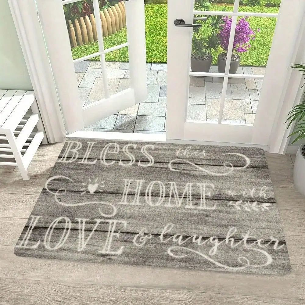 1pc Farmhouse Doormat Bless This Home Welcome Mat Non-Slip Absorbent Bathroom Rug Rustic Wood Print Inspirational Quote Mat