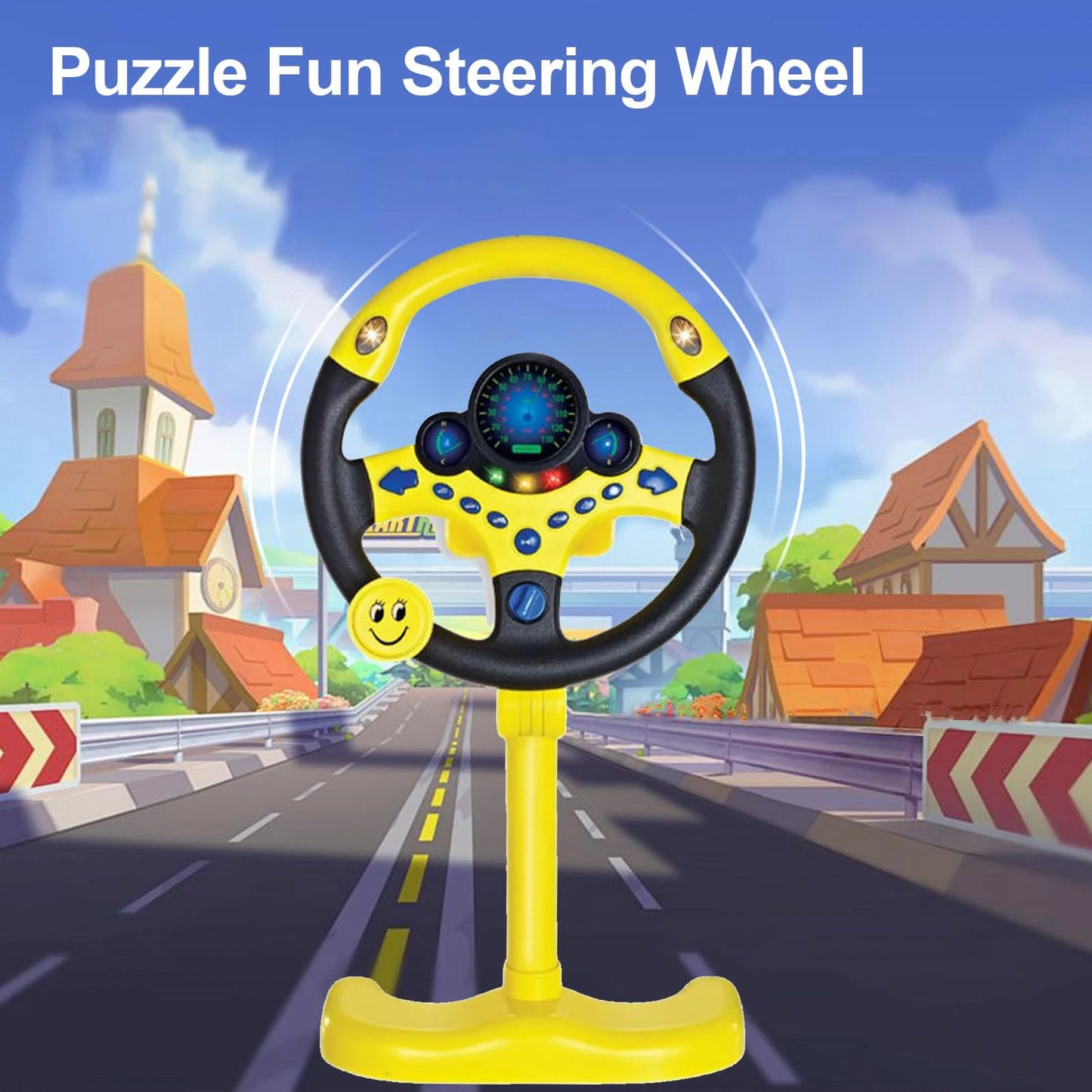 WANXIANGSTEERINGWHEELYELLOW-2192E-4 Simulation Steering Wheel Toys With Light Music Educational Portable Eletric Early Education
