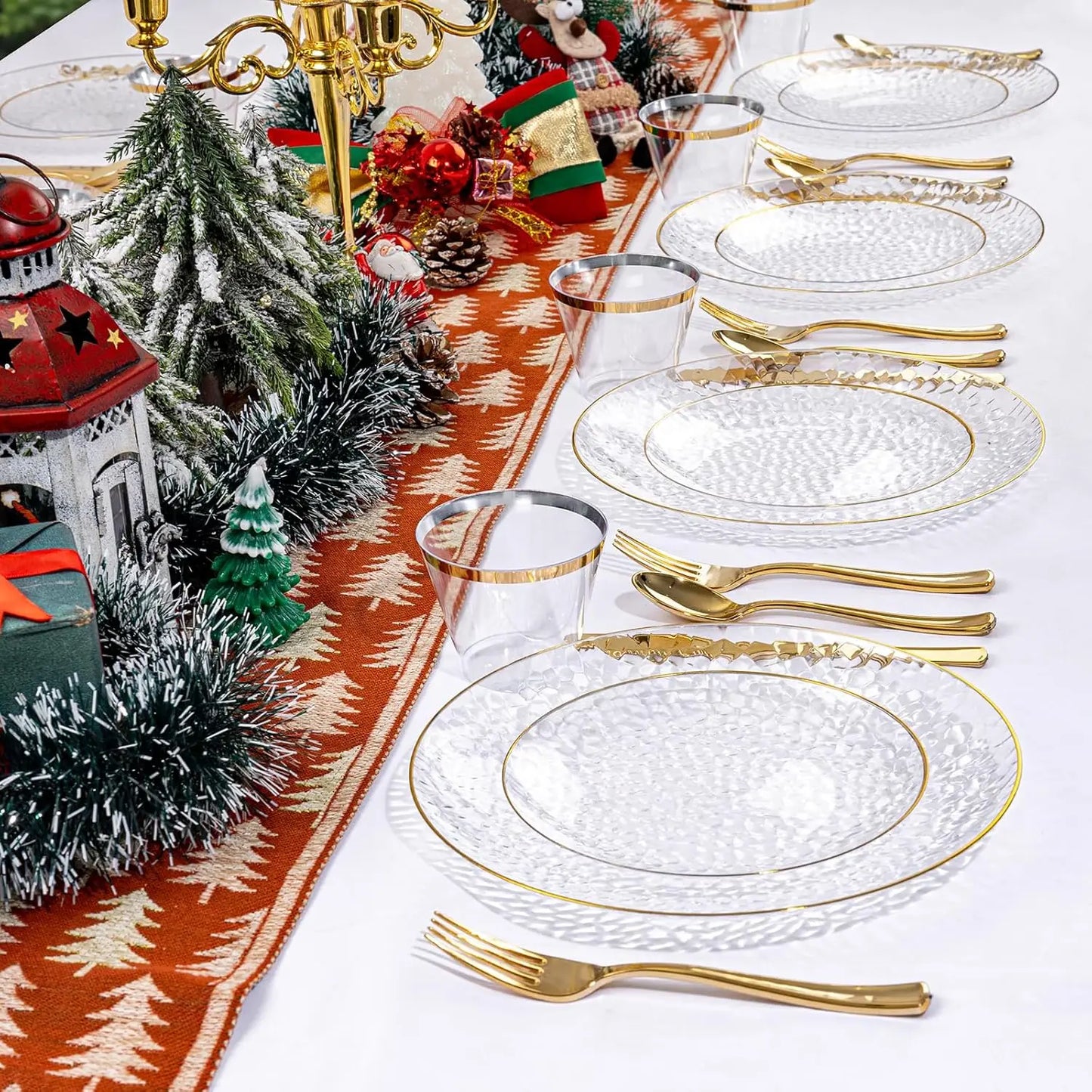 175 Pcs Clear Gold Plastic Dinnerware Set for 25 Guests, Hammered Party Plates with Cutlery and Napkins