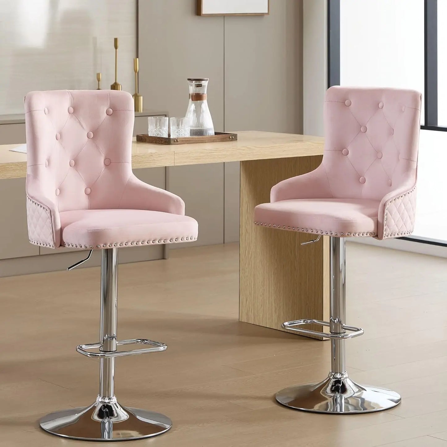 Gold Bar Stools Set of 4, Height Adjustable Velvet Island Chairs Upholstered Bar Height Chairs for Kitchen Counter, Cream