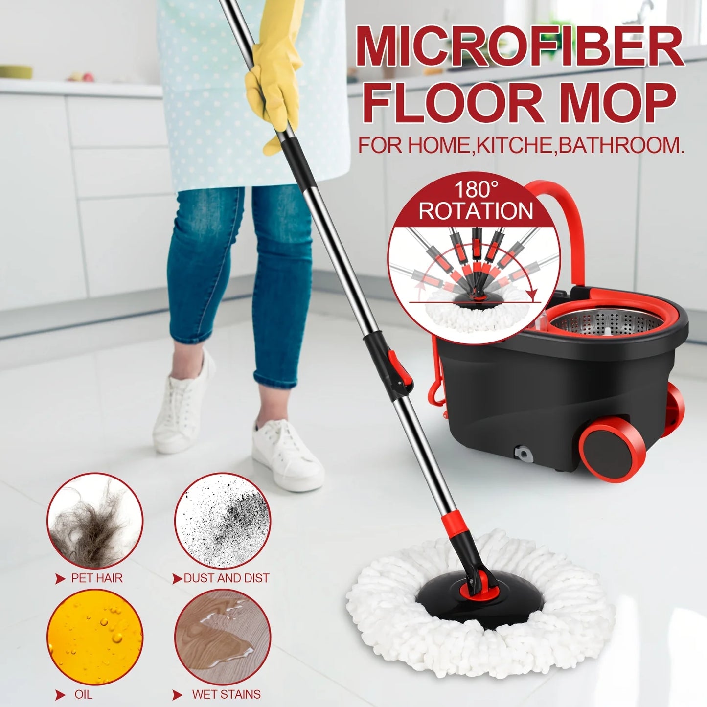 Spin Mop And Bucket with Wringer Set On Wheels, 360 Spinning Mop with Stainless Steel Handle for All Hard Surfaces