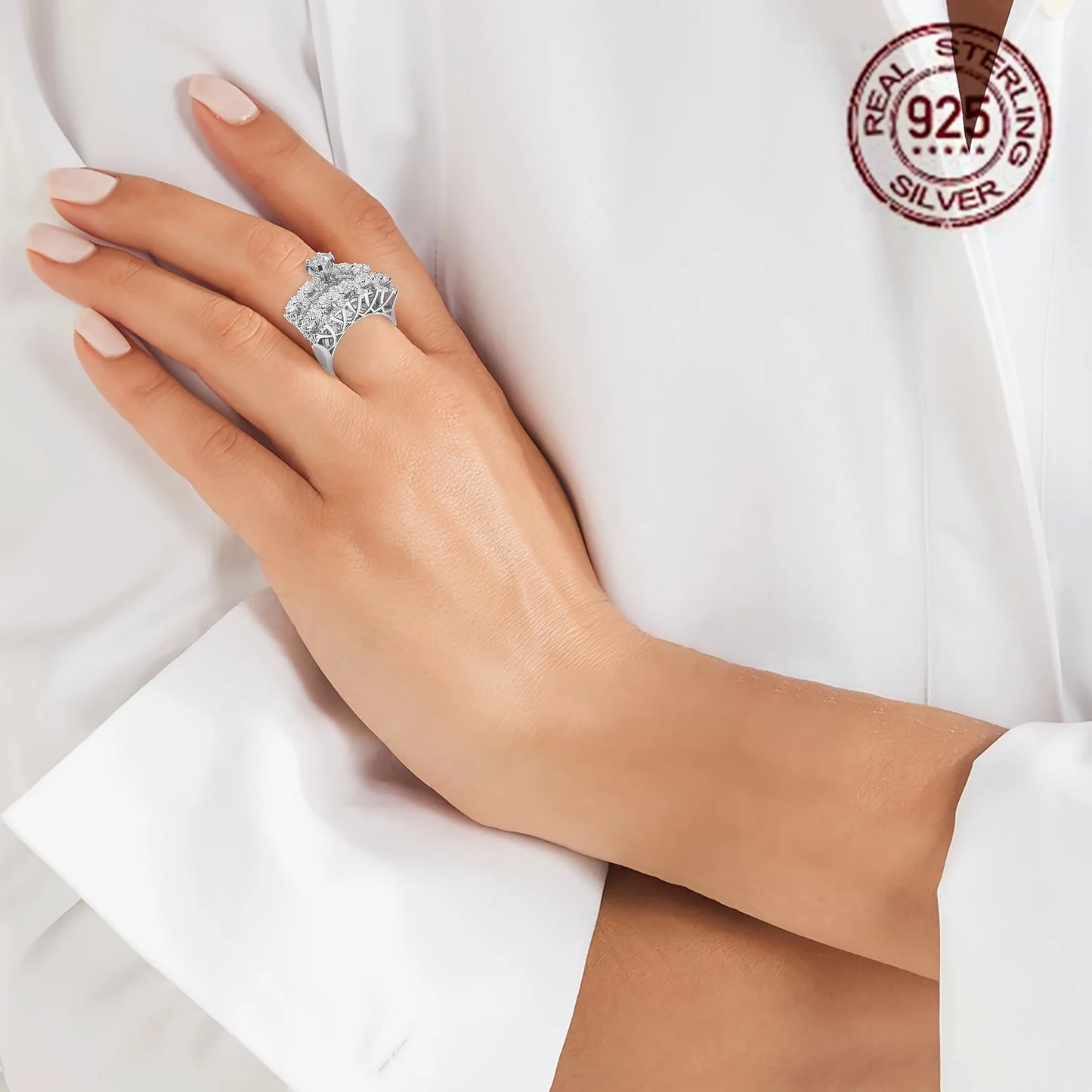 Luxury Plated Hollow Design Sparkling Zircon Women's 925 Sterling Silver Wedding Banquet Ring Set Fine Jewelry