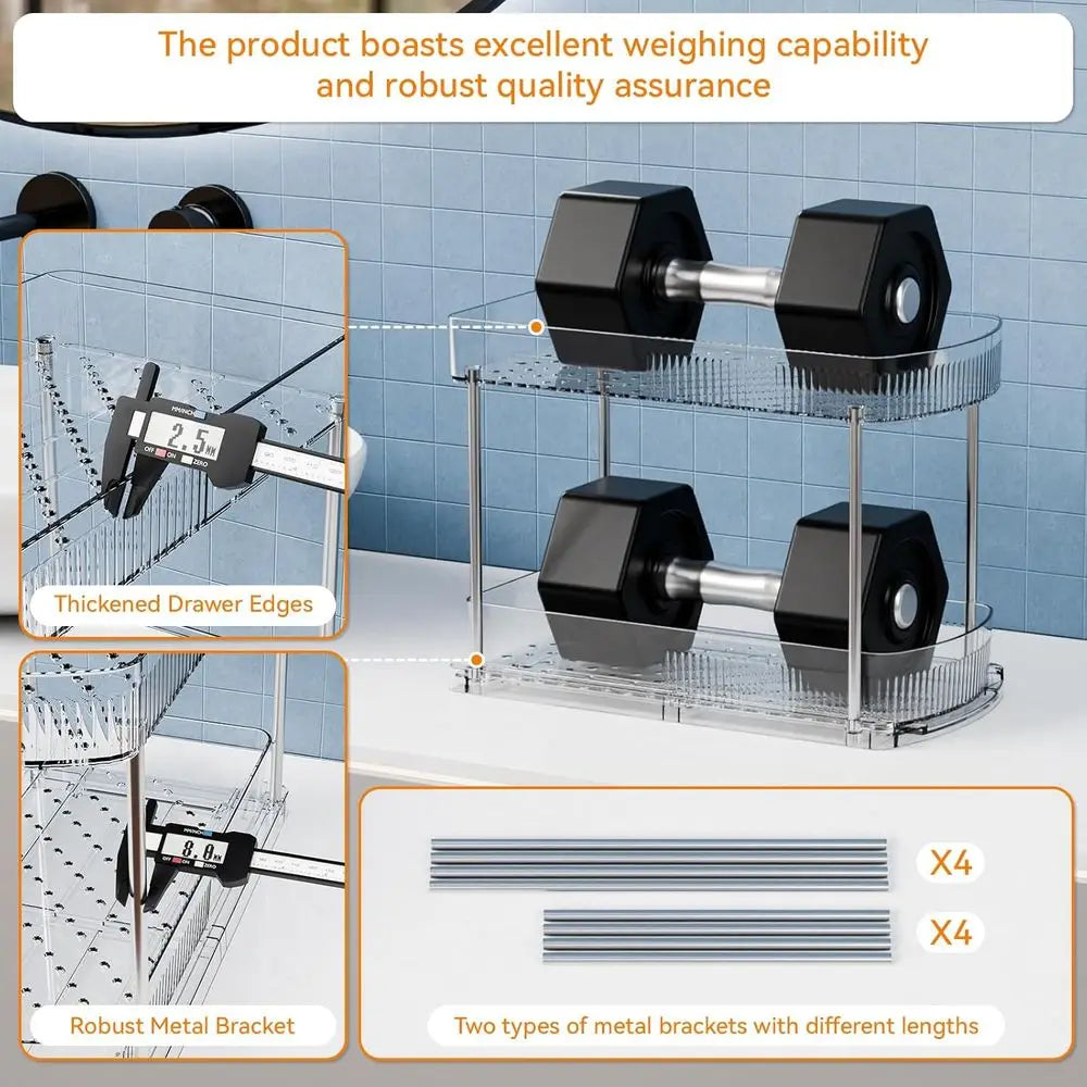 2 Pack Large Pull Out Bathroom Organizers and Storage, 2 Tier 12.8 Tall Sliding Kitchen Under Sink Organizer, Clear Acrylic Bath