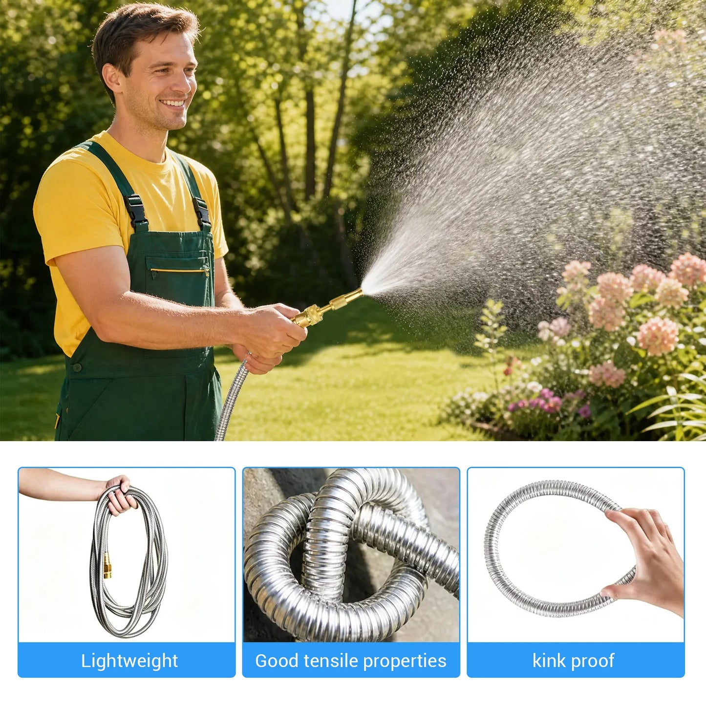Heavy Duty Stainless Steel Garden Hose – Flexible Metal Water Hose – Kink Proof & Anti-Kink – Adjustable Brass Nozzle, Perfect for Lawn, Car Wash, Outdoor Irrigation, 25FT,50FT,75FT,100FT
