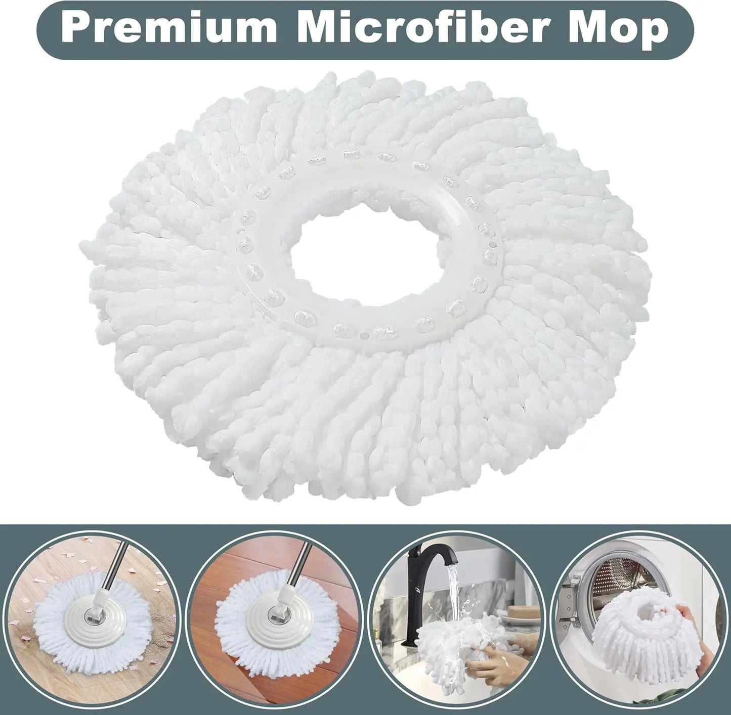 Spin Mop and Bucket Set with Wringer, 6 Refills, 61" Handle for Easy Floor Cleaning - White