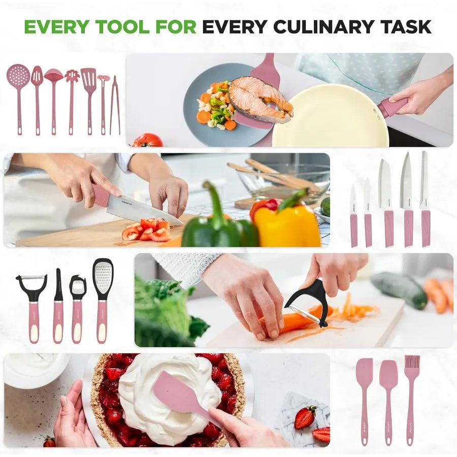 54Piece Kitchen Cookware Set Complete NonStick Ceramic Pots and Pans Set with Utensils Bakeware and Knife Set Gas Electric Indu