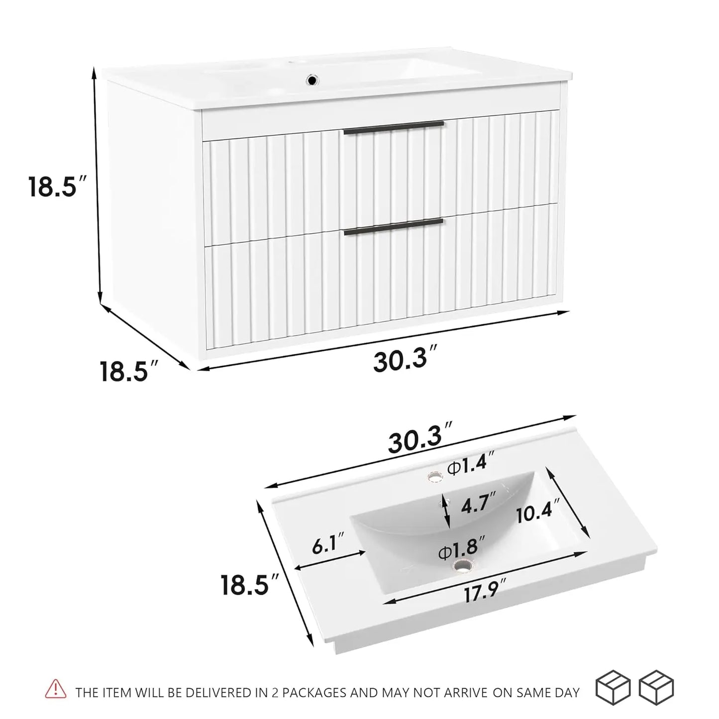 30" Bathroom Vanity with Sink, Floating Vanity Bathroom Sink Cabinet Wall Mount, Soft-Close Function 2 Large, Customized