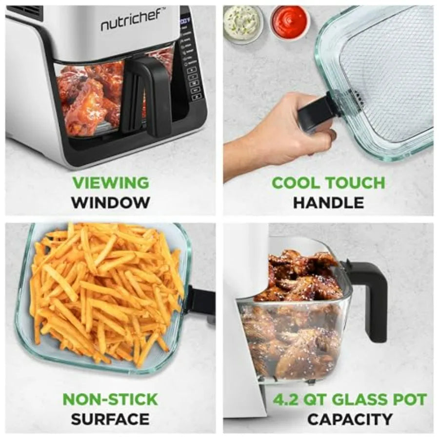 4 QT Air Fryer Grill 8-1 Preset Cook Modes Transparent Glass Fry Bowl for Best Cooking Results Cook Shrimp Steak Fries Wings Mo