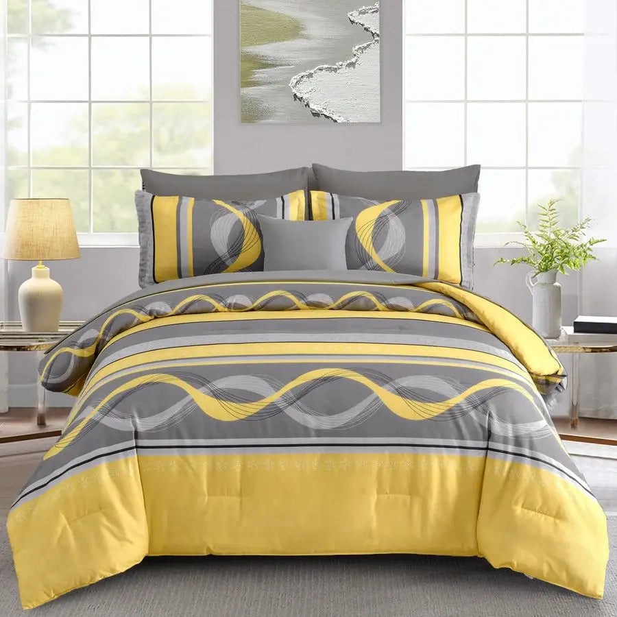 Yellow Comforter Set Queen Size,8 Pieces Bed in a Bag Patchwork Striped Bedding Sets,Boho Soft Microfiber Bedding Set for All Se