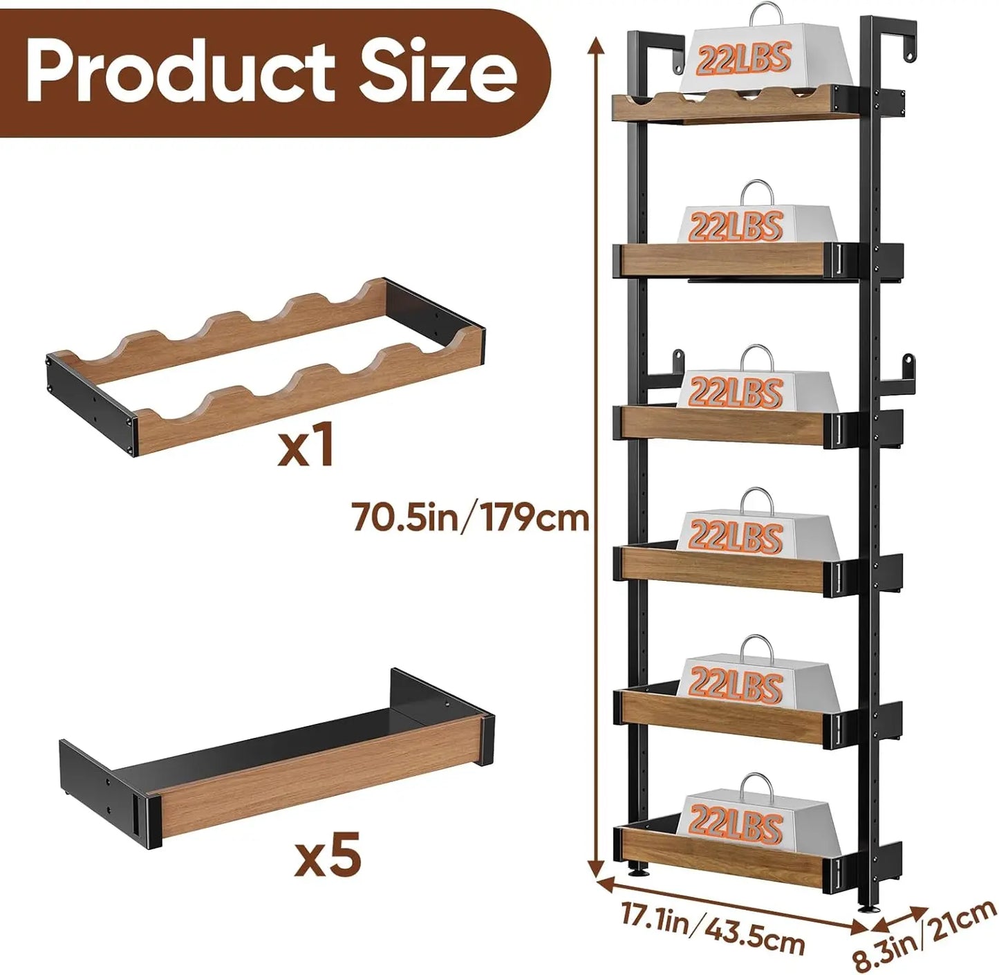 6-Tier Metal Wine Rack Wall Mounted, Adjustable Height Freestanding Floor Shelf for Home Bar Kitchen Storage
