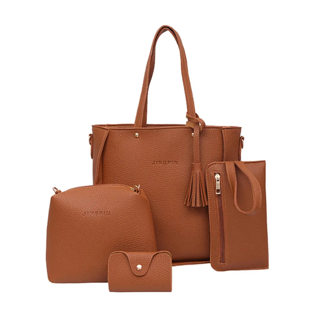 New 2024 New Large Capacity Lychee Pattern Handbags Women'S European And American Retro Fashion Tassel Four-Piece Women'S Bag