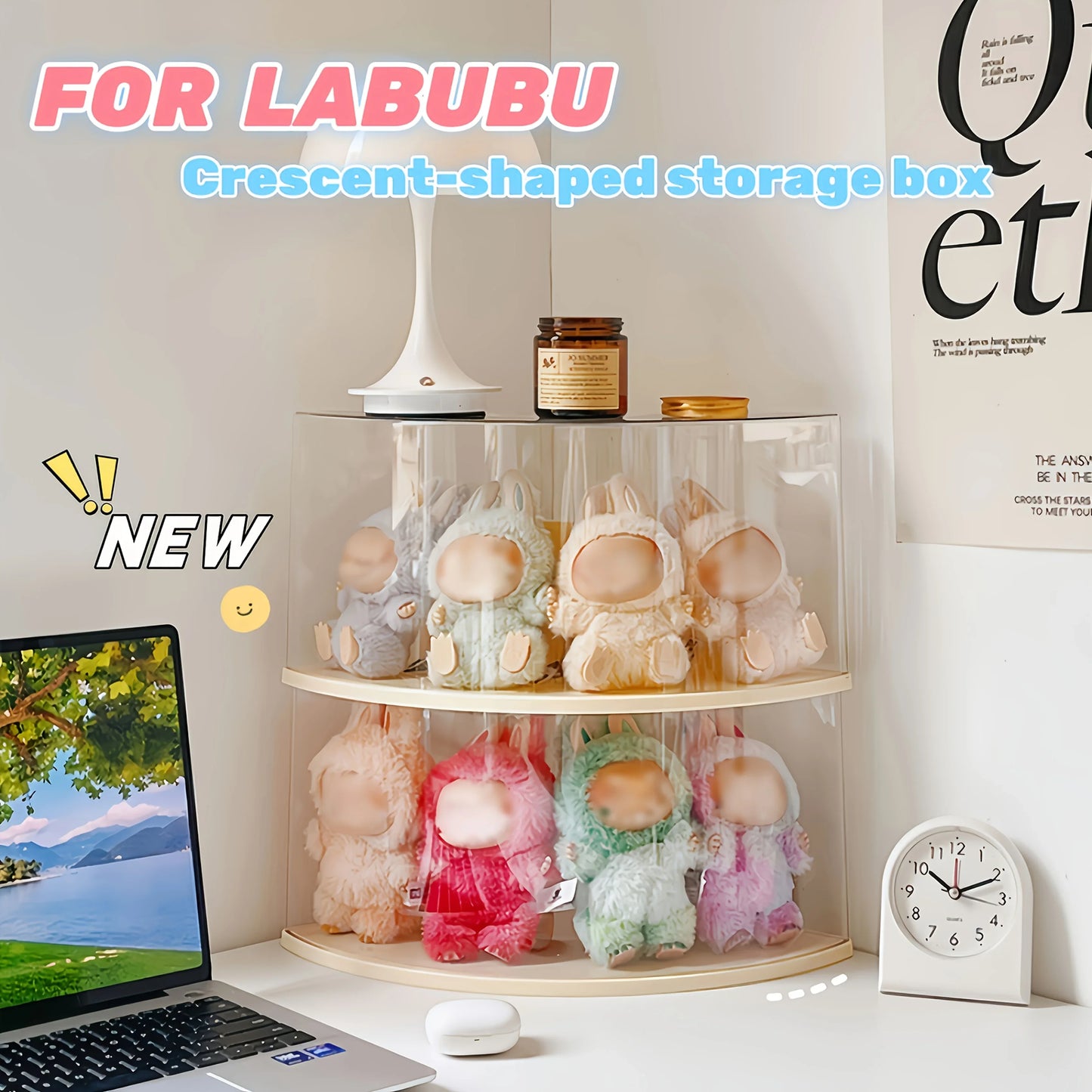 A display cabinet designed for LABUBU, featuring a dust-proof design and a crescent perfect for showcasing LABUBU's collections.