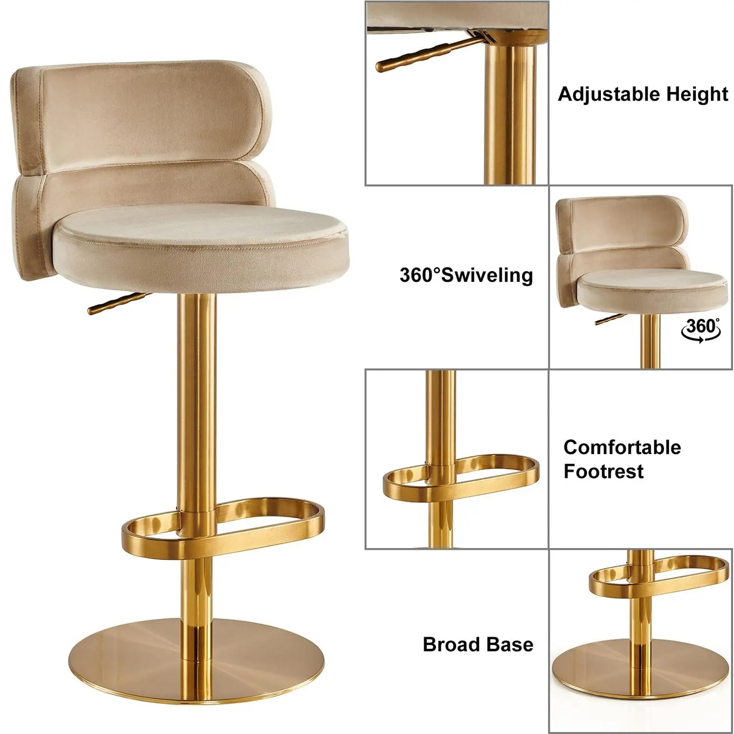Modern  Single Velvet Upholstered Counter Stool with Gold Metal Leg and Foot Rest Premium Flannel Comfortable, Customized