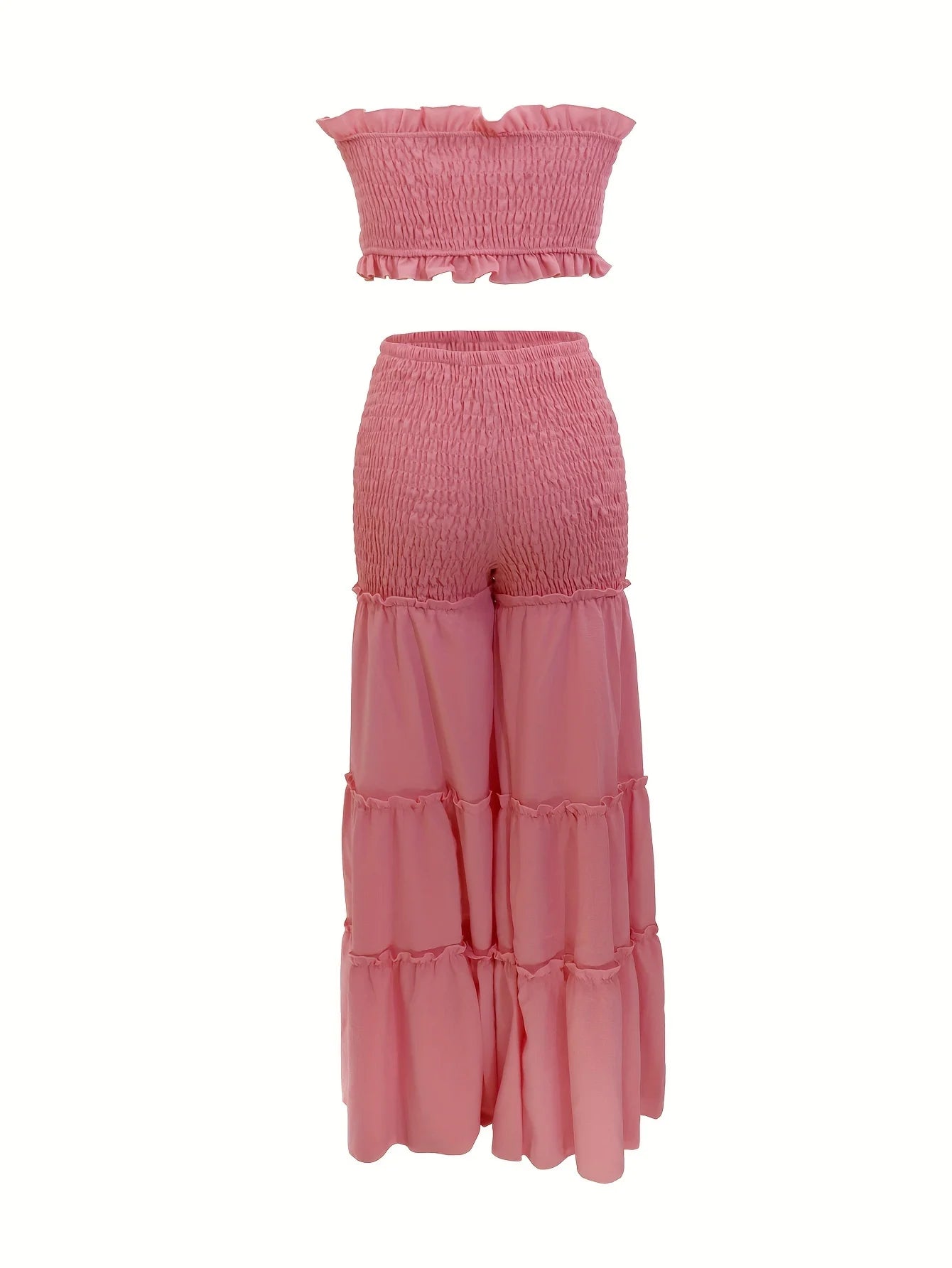 Women 2 Piece Set Strapless Smocked Tube Top Wide Leg Pants Ruffle Tiered Summer Beach Vacation Boho Outfit