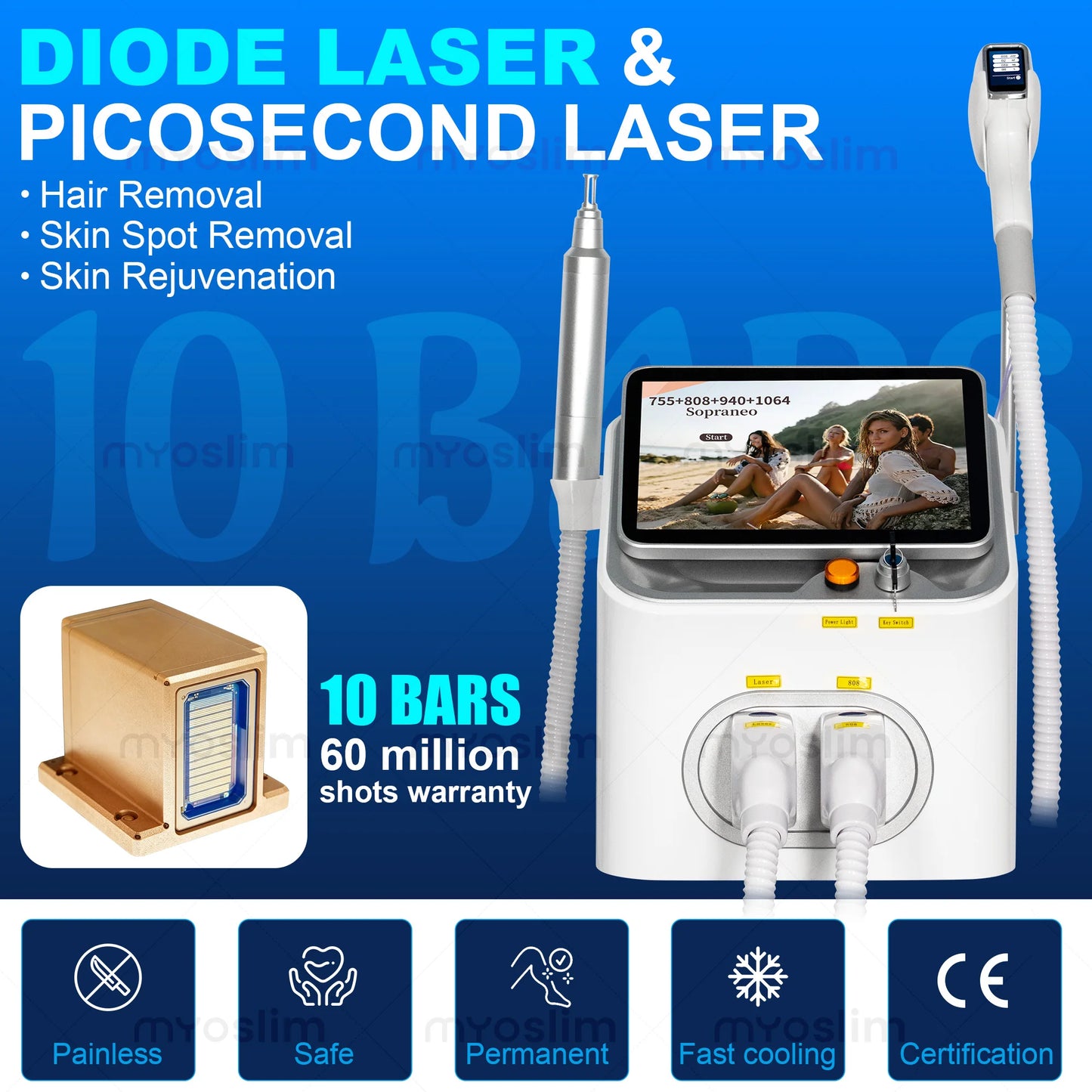 FAC 5000W 16Bars Diode Laser Hair Removal & Pico Laser Tattoo Removal 2-in-1 Machine 755 808 940 1064nm