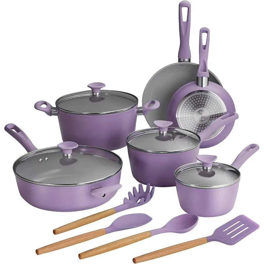 Solara 14-Piece Ceramic Non Stick Cookware Set with Lids, Heavy-Gauge Aluminum Pots and Pans Kitchen Set with Nonstick Coating,