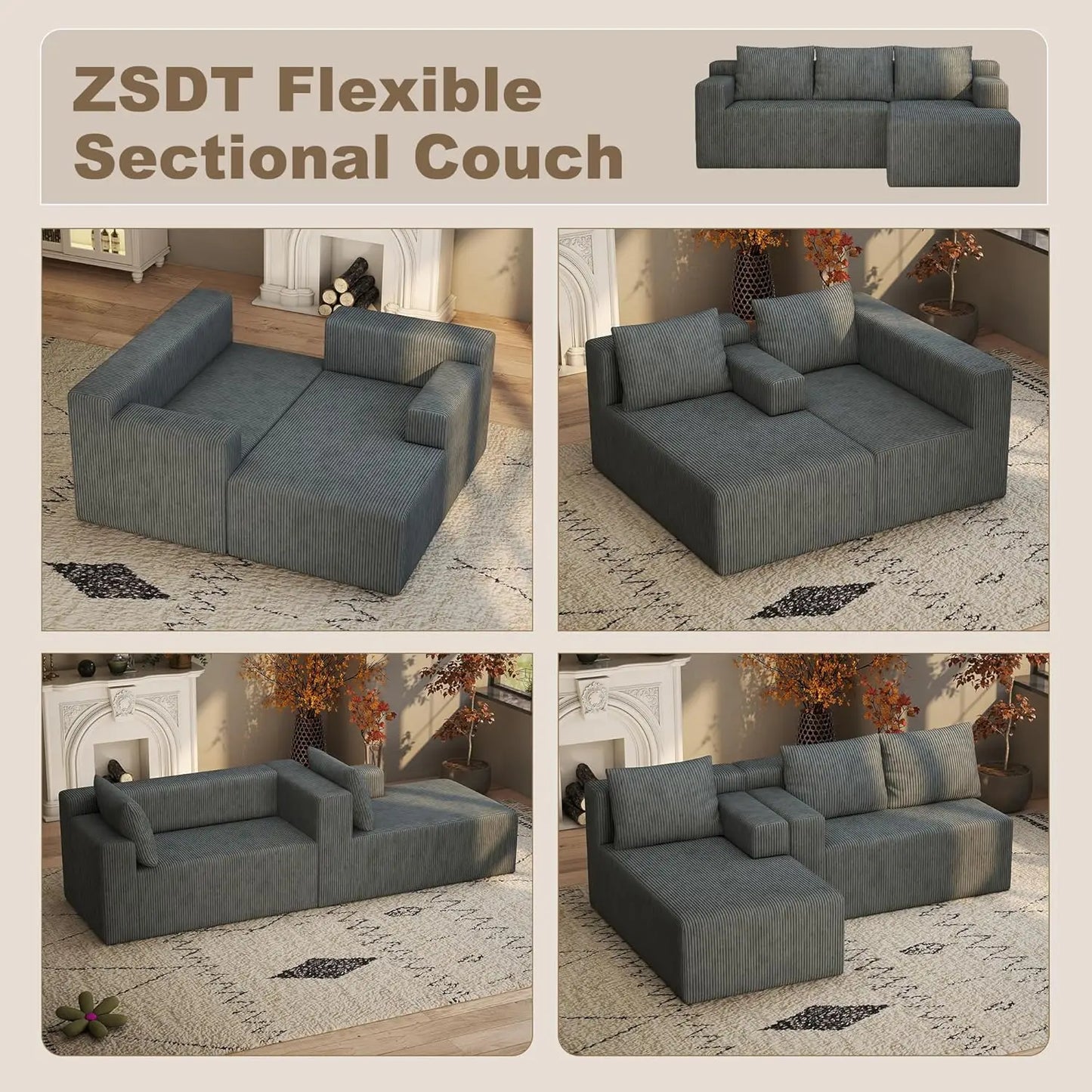 Boneless Couch with L Shaped Chaise, Sectional Cloud Sofa with High Backrest, Corduroy Memory Foam Couch, No Assembly Cloud