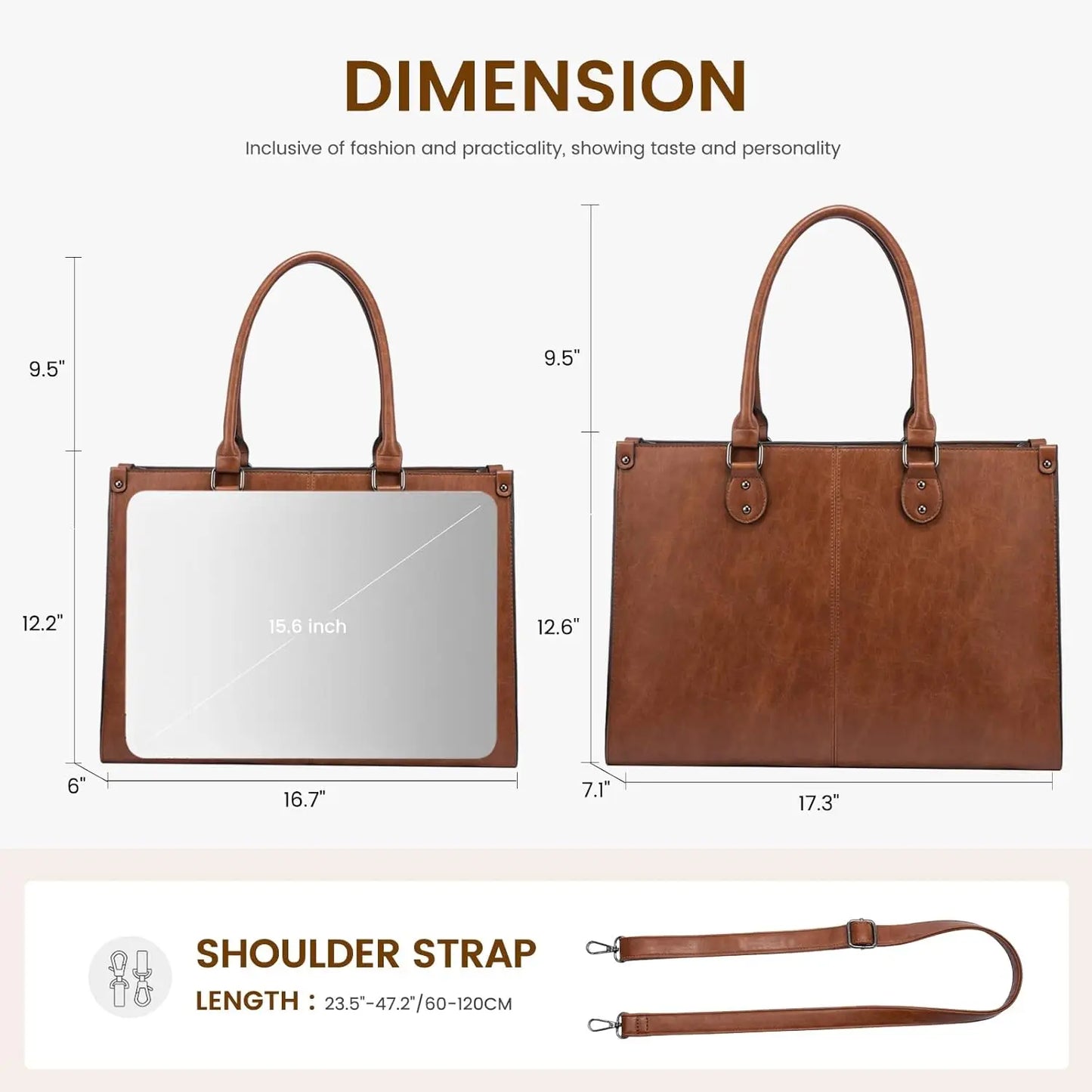 Vintage Leather Laptop Tote Bag for Women, 15.6 Inch Large Capacity Work Computer Shoulder Handbag in Dark Brown