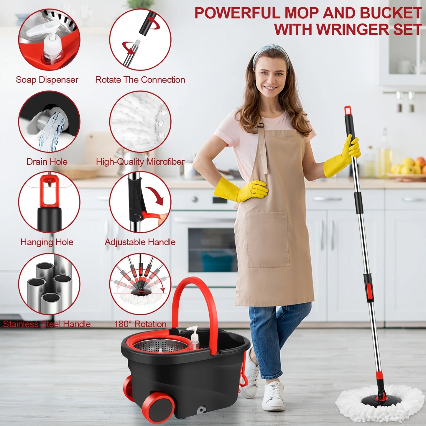 Spin Mop And Bucket with Wringer Set On Wheels, 360 Spinning Mop with Stainless Steel Handle for All Hard Surfaces