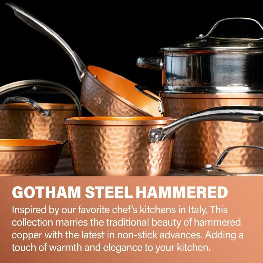 Hammered 15 Pc Ceramic Cookware Set Nonstick Deep Copper Pots and Pans Set Non Stick with Bakeware and Deep Fry Pan Non Toxic P