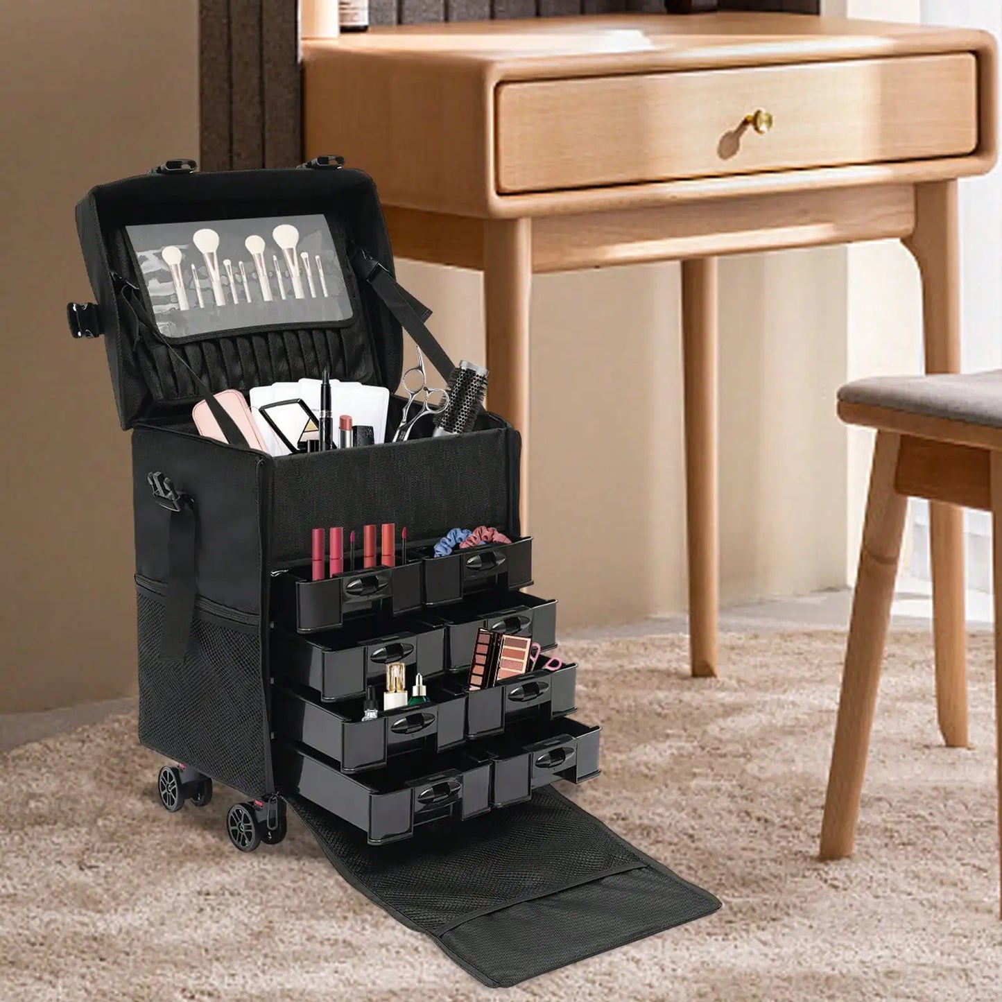 Professional Rolling Makeup Case w/ 8 Removable Drawers & 360° Wheels | Multi-Layer Cosmetic Trolley Black for Bridal MUA Travel