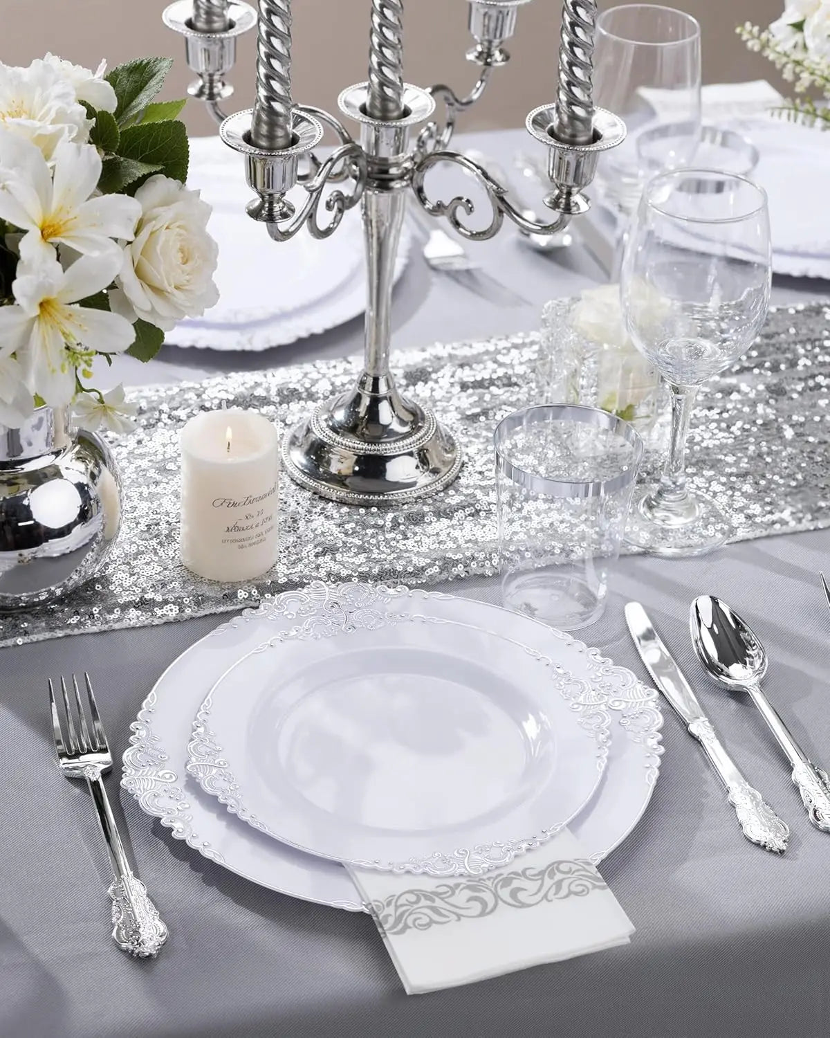 175PCS Silver Plastic Plates Set for 25 Guests, Includes Plates, Cups, Utensils & Napkins for Wedding & Party